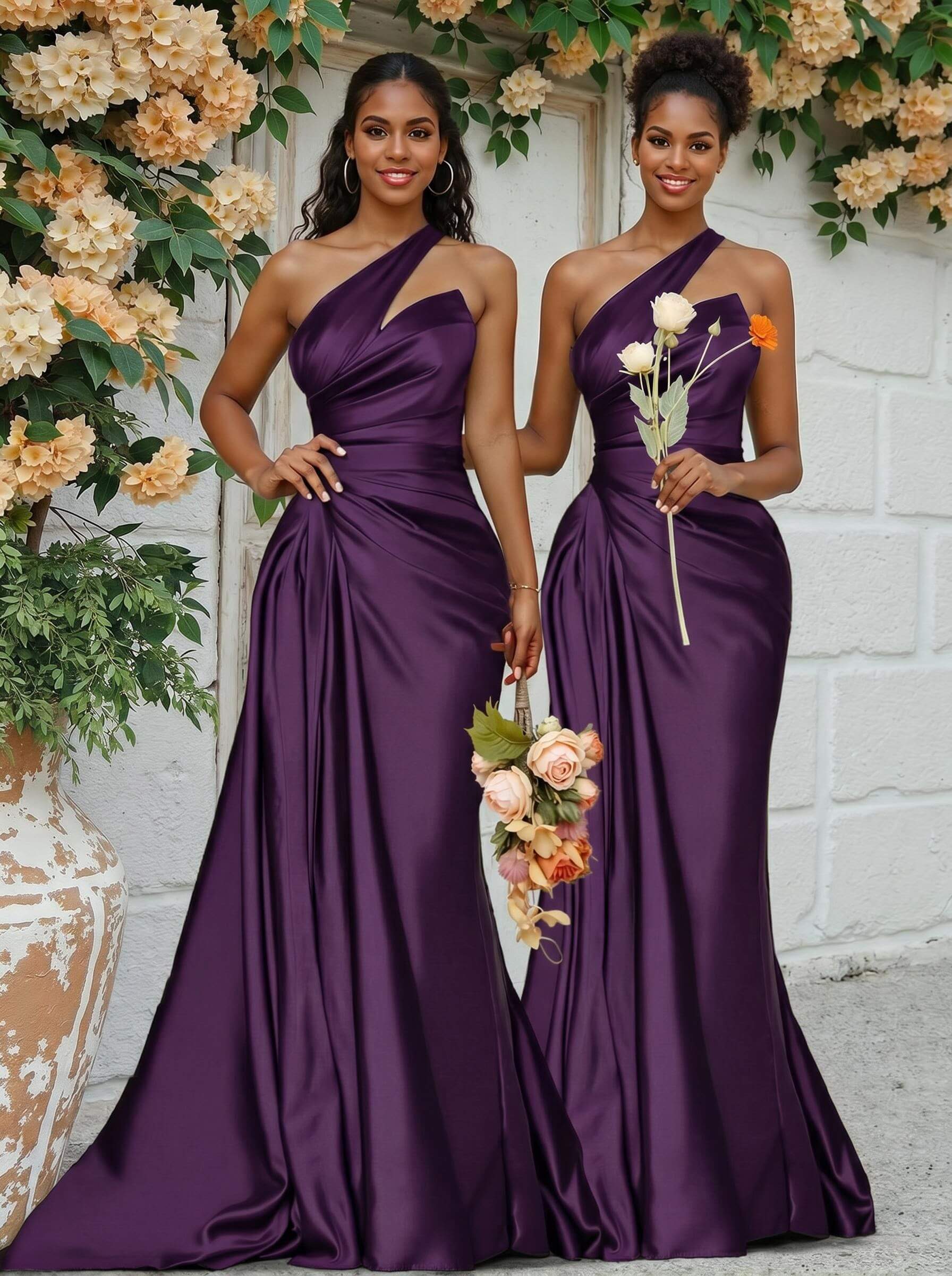 Sheath/Column One-Shoulder Silk Like Satin Bridesmaid Dresses With Ruffle, product image 82