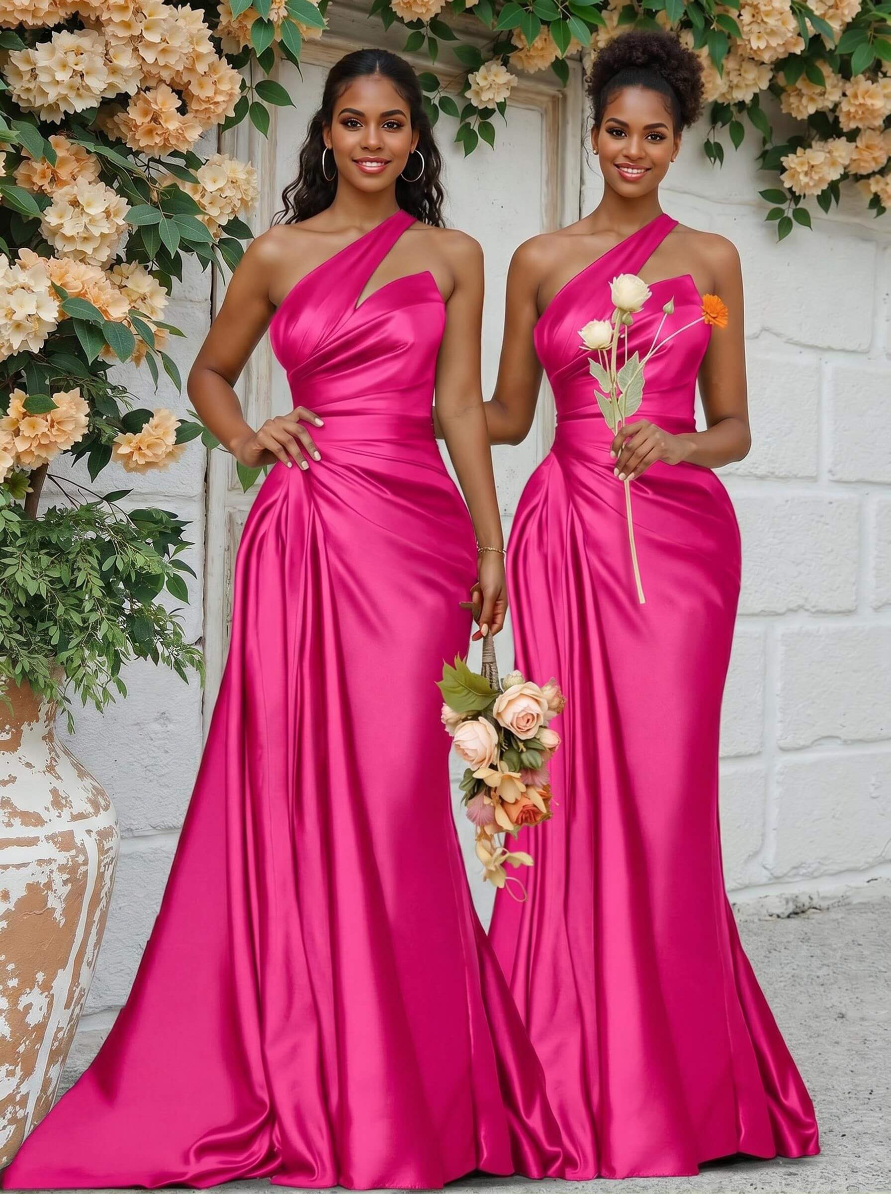 Sheath/Column One-Shoulder Silk Like Satin Bridesmaid Dresses With Ruffle, product image 222