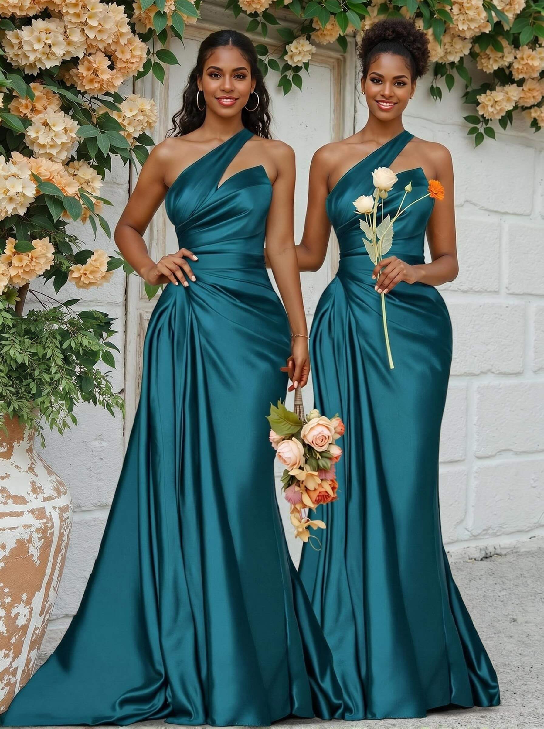 Sheath/Column One-Shoulder Silk Like Satin Bridesmaid Dresses With Ruffle, product image 112