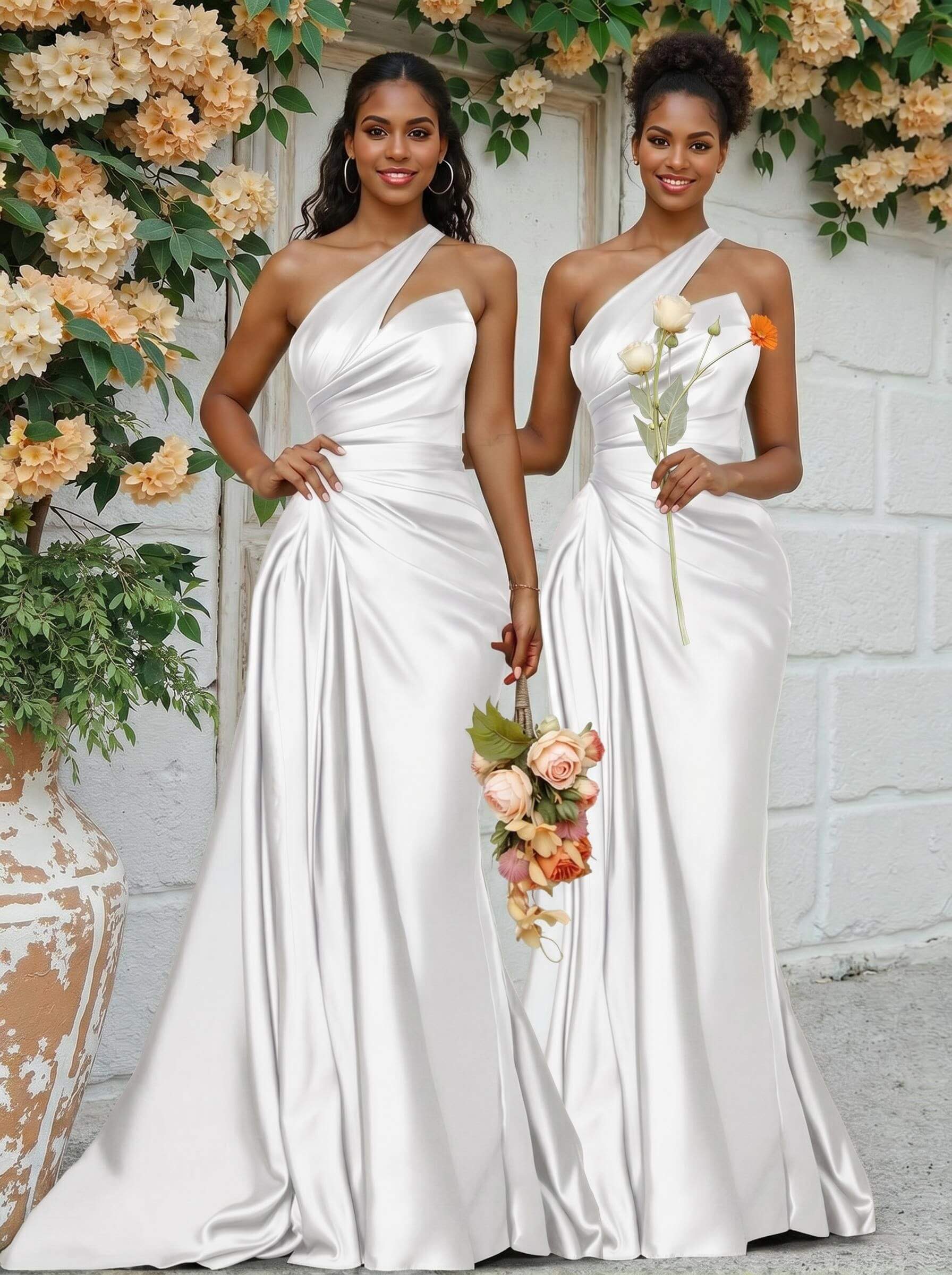 Sheath/Column One-Shoulder Silk Like Satin Bridesmaid Dresses With Ruffle, product image 97