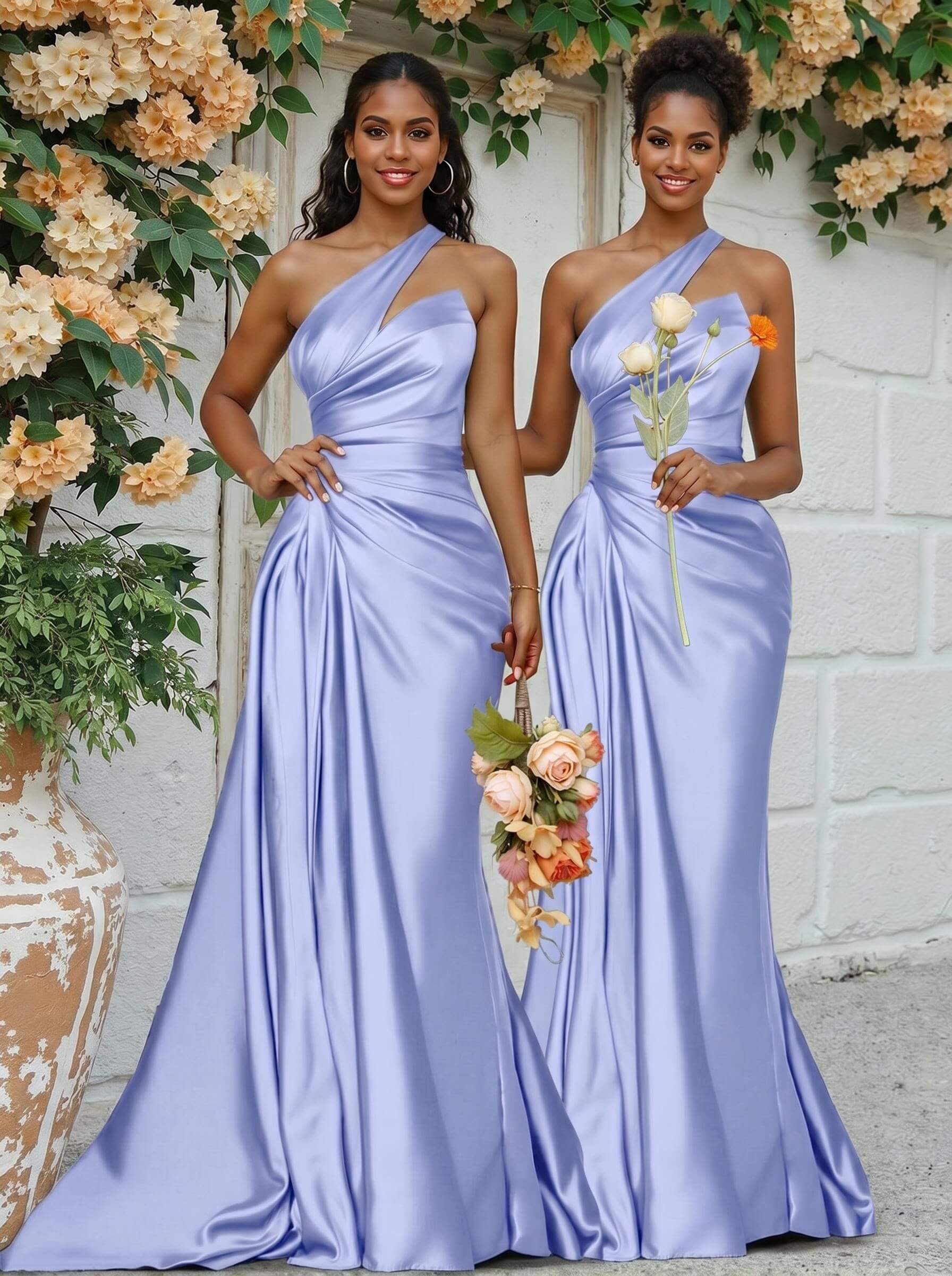 Sheath/Column One-Shoulder Silk Like Satin Bridesmaid Dresses With Ruffle, product image 197