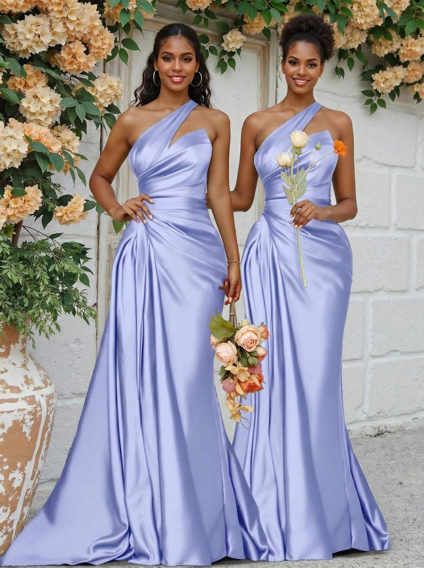 Sheath/Column One-Shoulder Silk Like Satin Bridesmaid Dresses With Ruffle, product image 197