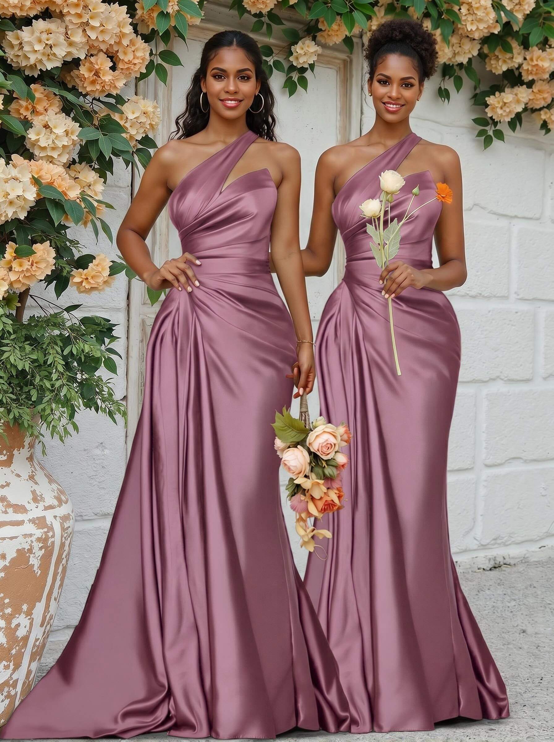 Sheath/Column One-Shoulder Silk Like Satin Bridesmaid Dresses With Ruffle, product image 152