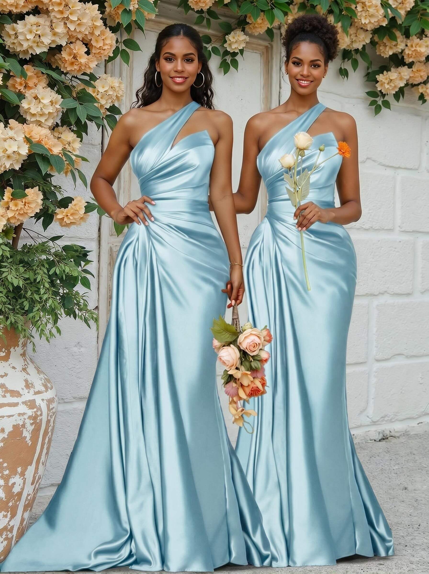 Sheath/Column One-Shoulder Silk Like Satin Bridesmaid Dresses With Ruffle, product image 182