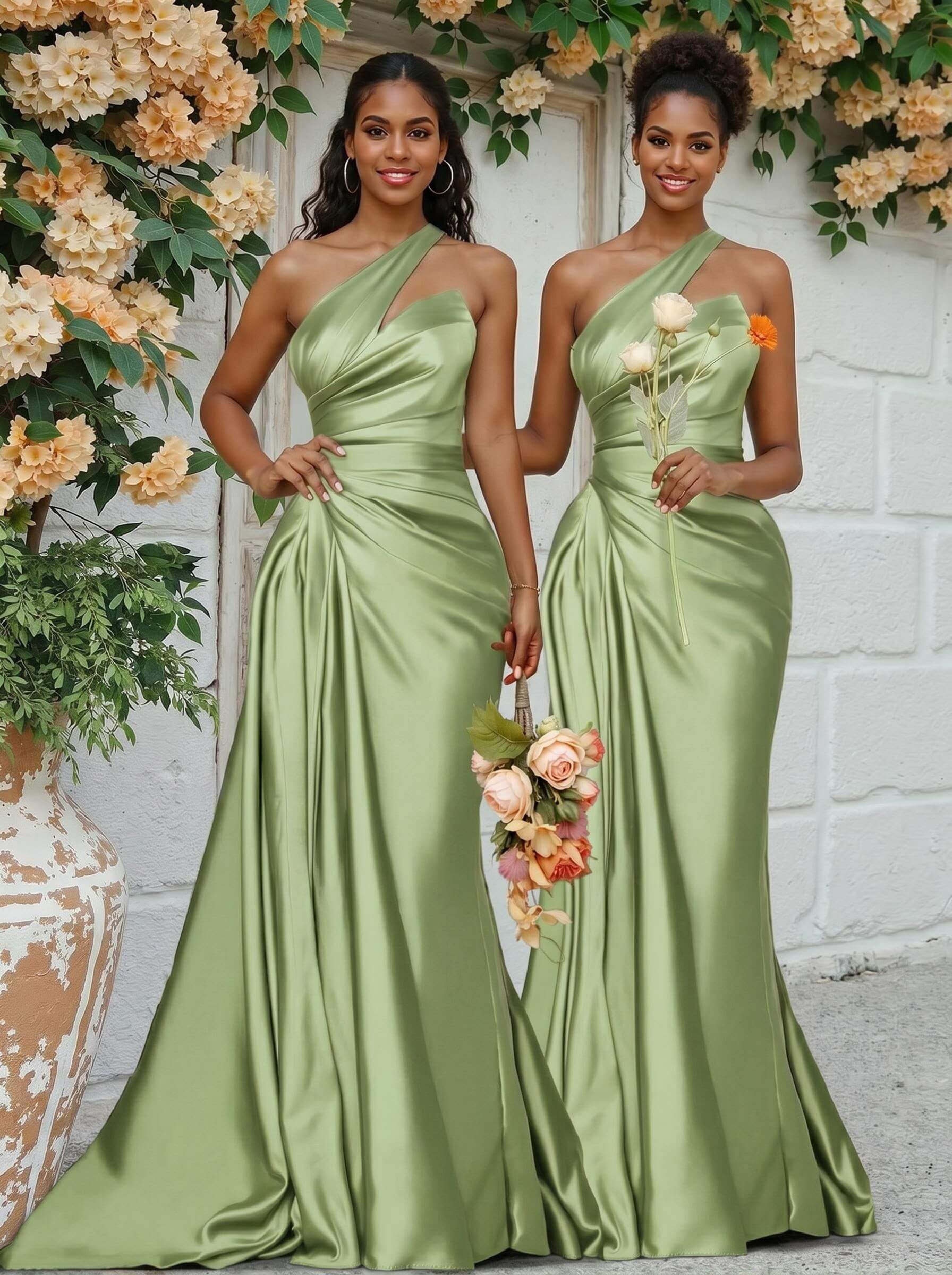 Sheath/Column One-Shoulder Silk Like Satin Bridesmaid Dresses With Ruffle, product image 247