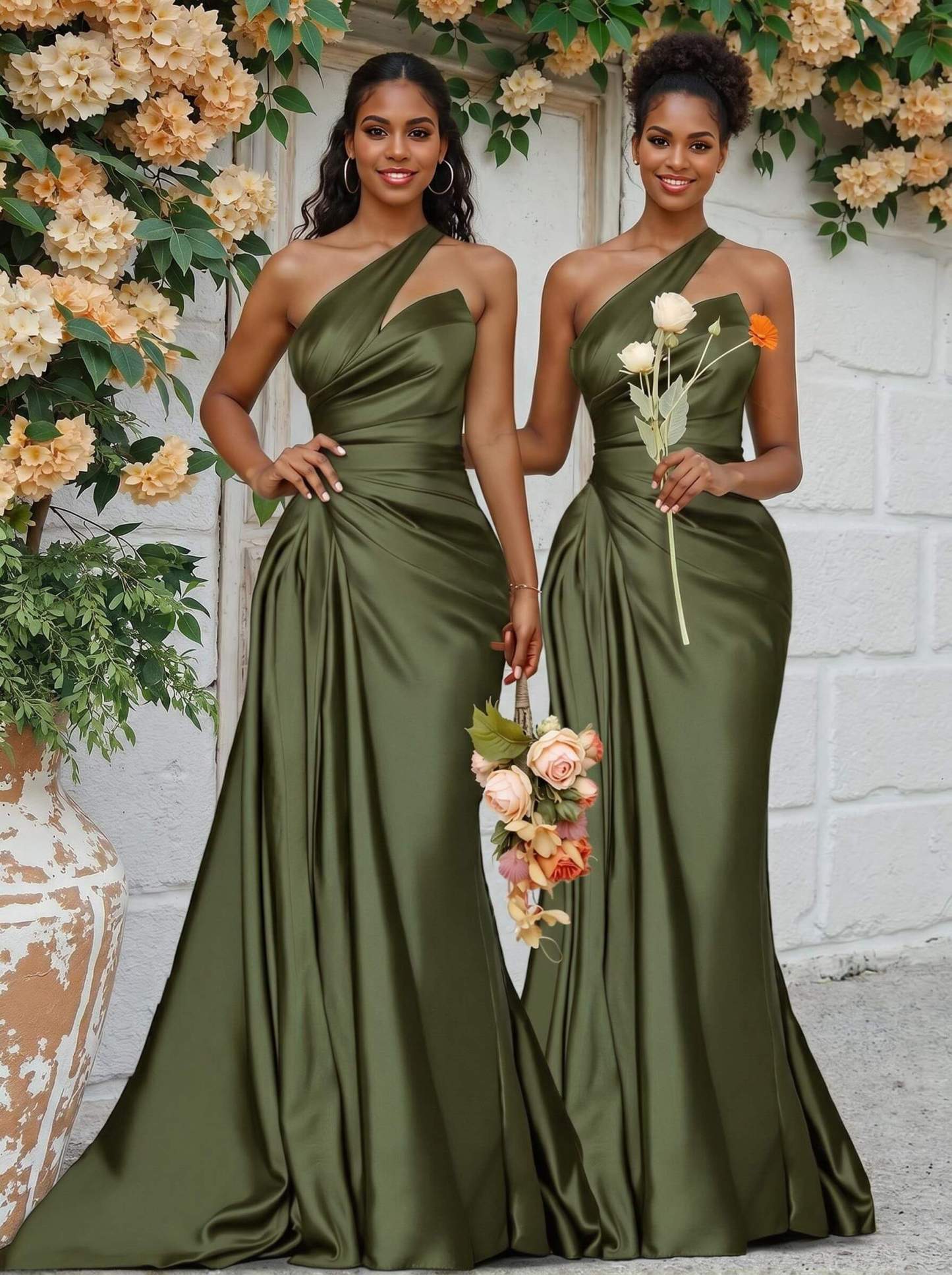 Sheath/Column One-Shoulder Silk Like Satin Bridesmaid Dresses With Ruffle, product image 227