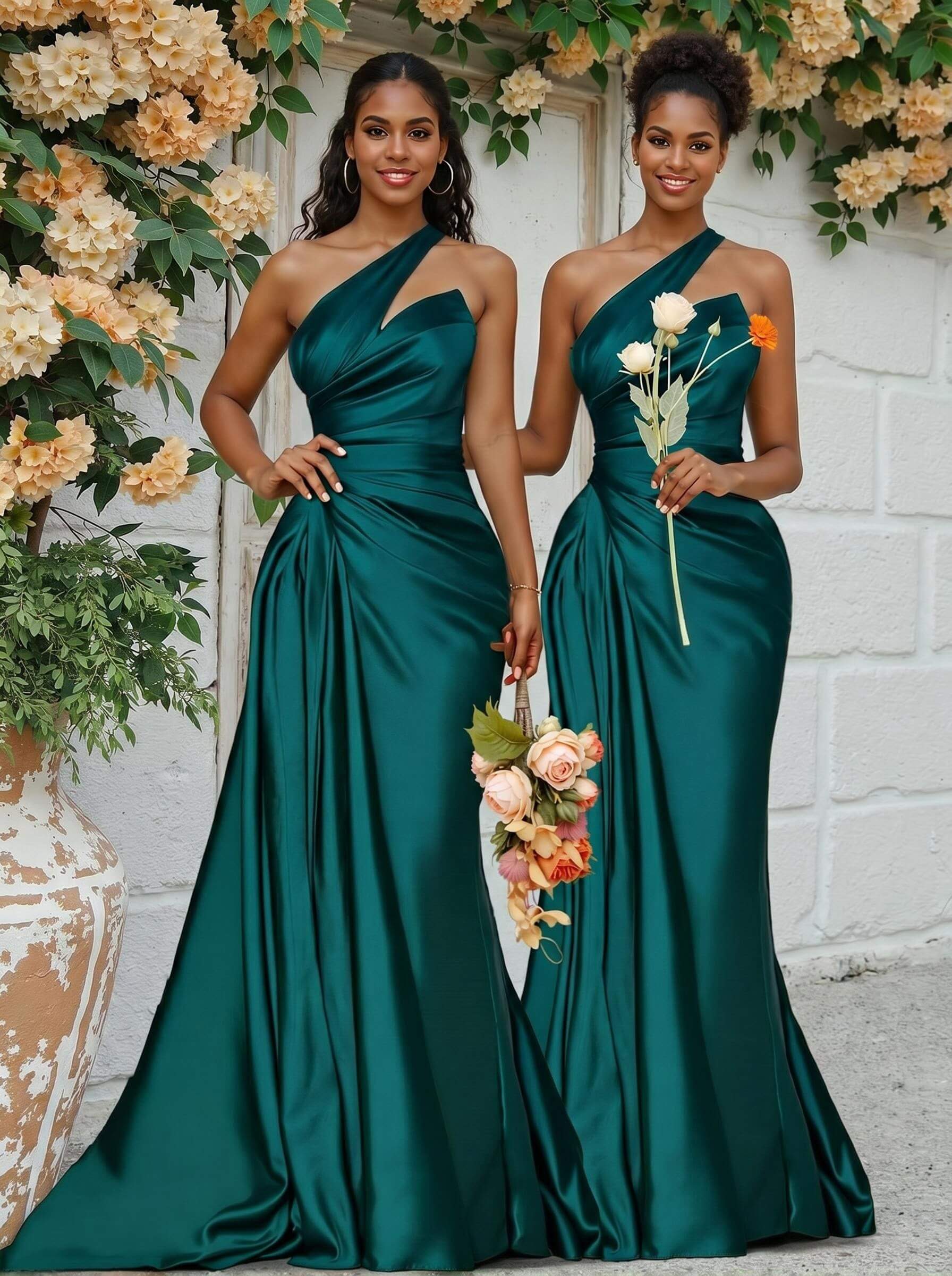 Sheath/Column One-Shoulder Silk Like Satin Bridesmaid Dresses With Ruffle, product image 107