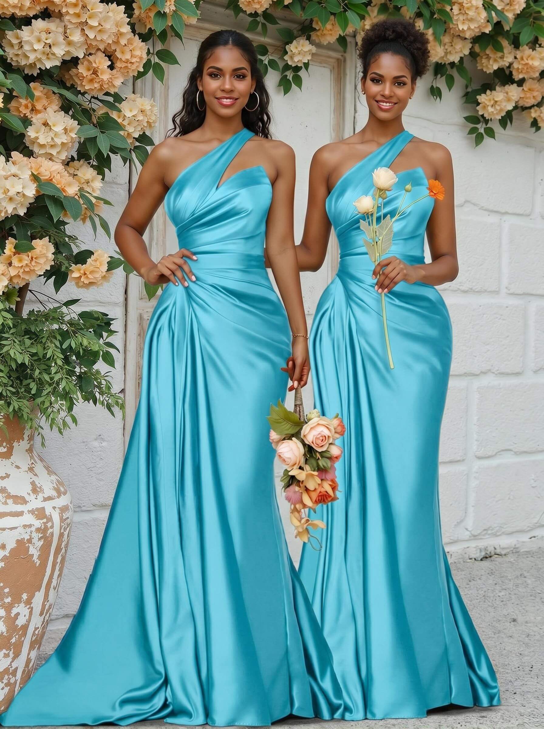Sheath/Column One-Shoulder Silk Like Satin Bridesmaid Dresses With Ruffle, product image 192