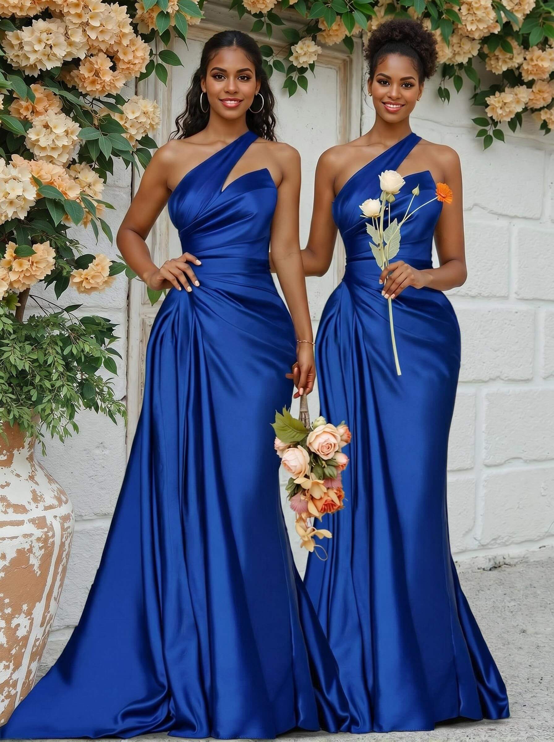 Sheath/Column One-Shoulder Silk Like Satin Bridesmaid Dresses With Ruffle, product image 47