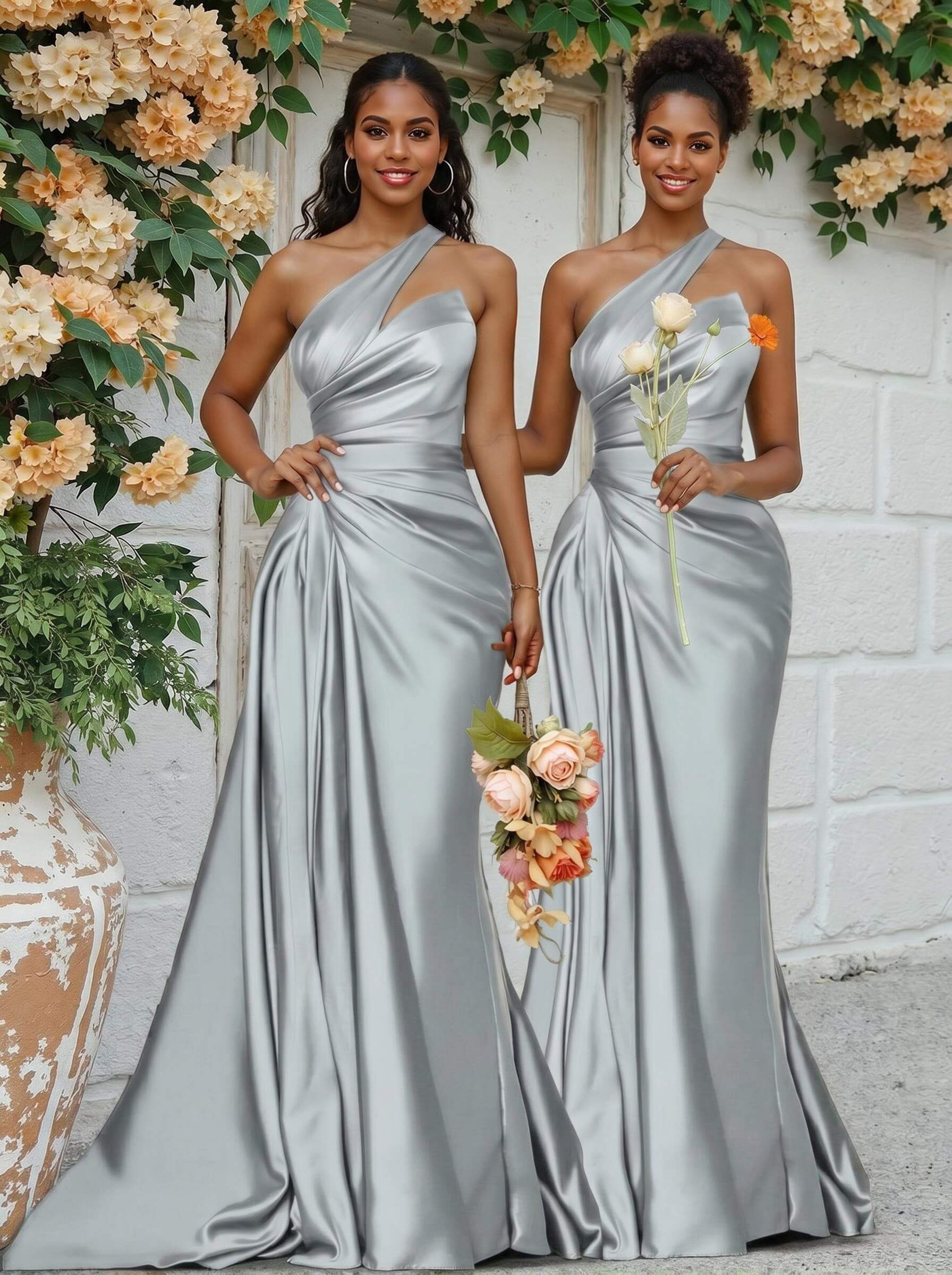 Sheath/Column One-Shoulder Silk Like Satin Bridesmaid Dresses With Ruffle, product image 62