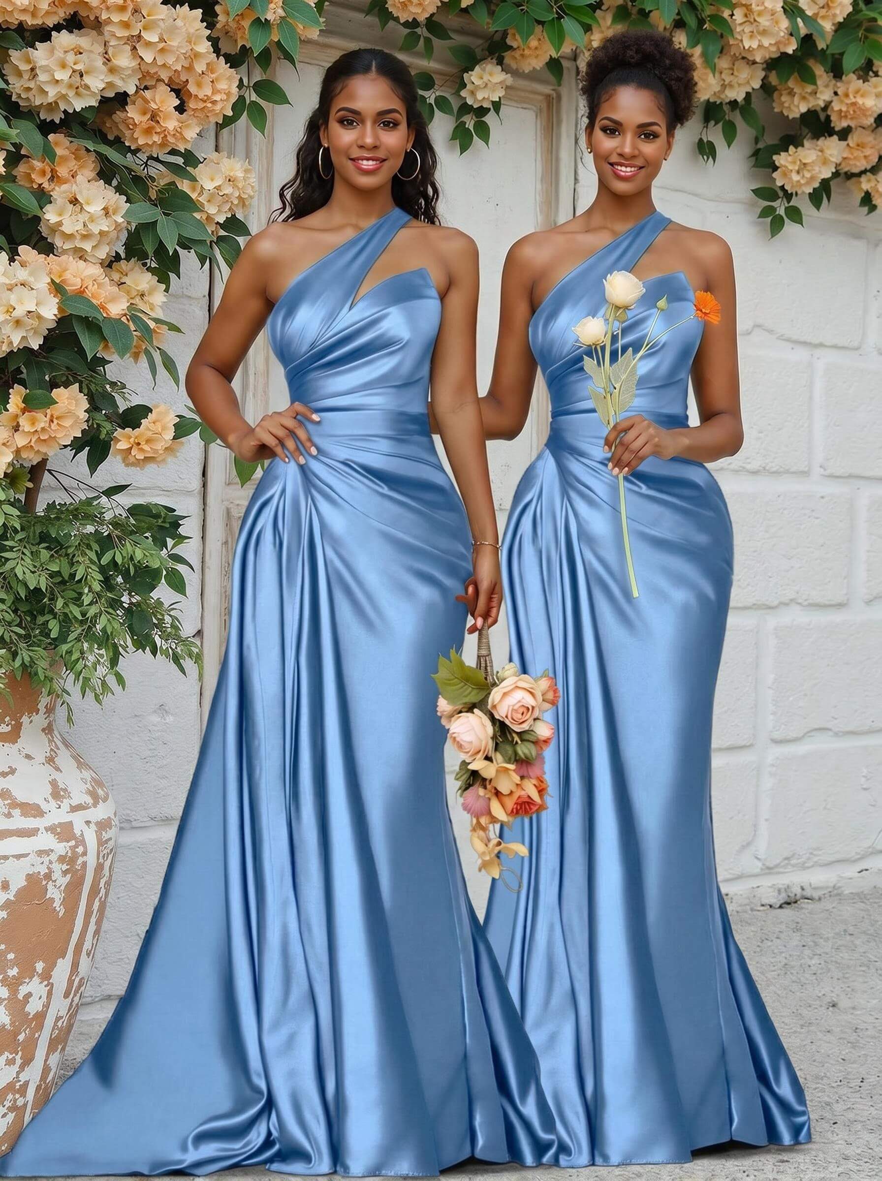 Sheath/Column One-Shoulder Silk Like Satin Bridesmaid Dresses With Ruffle, product image 37