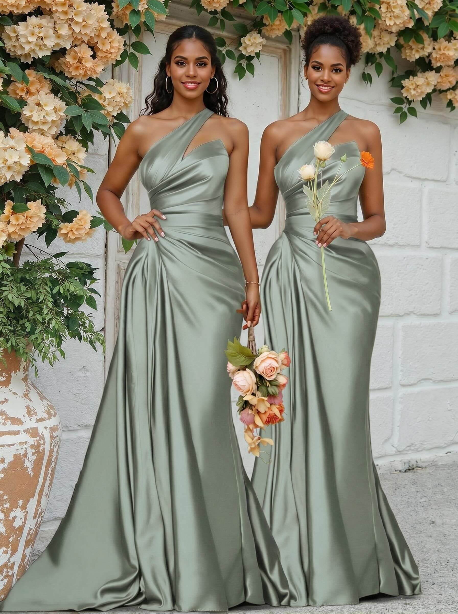 Sheath/Column One-Shoulder Silk Like Satin Bridesmaid Dresses With Ruffle, product image 102