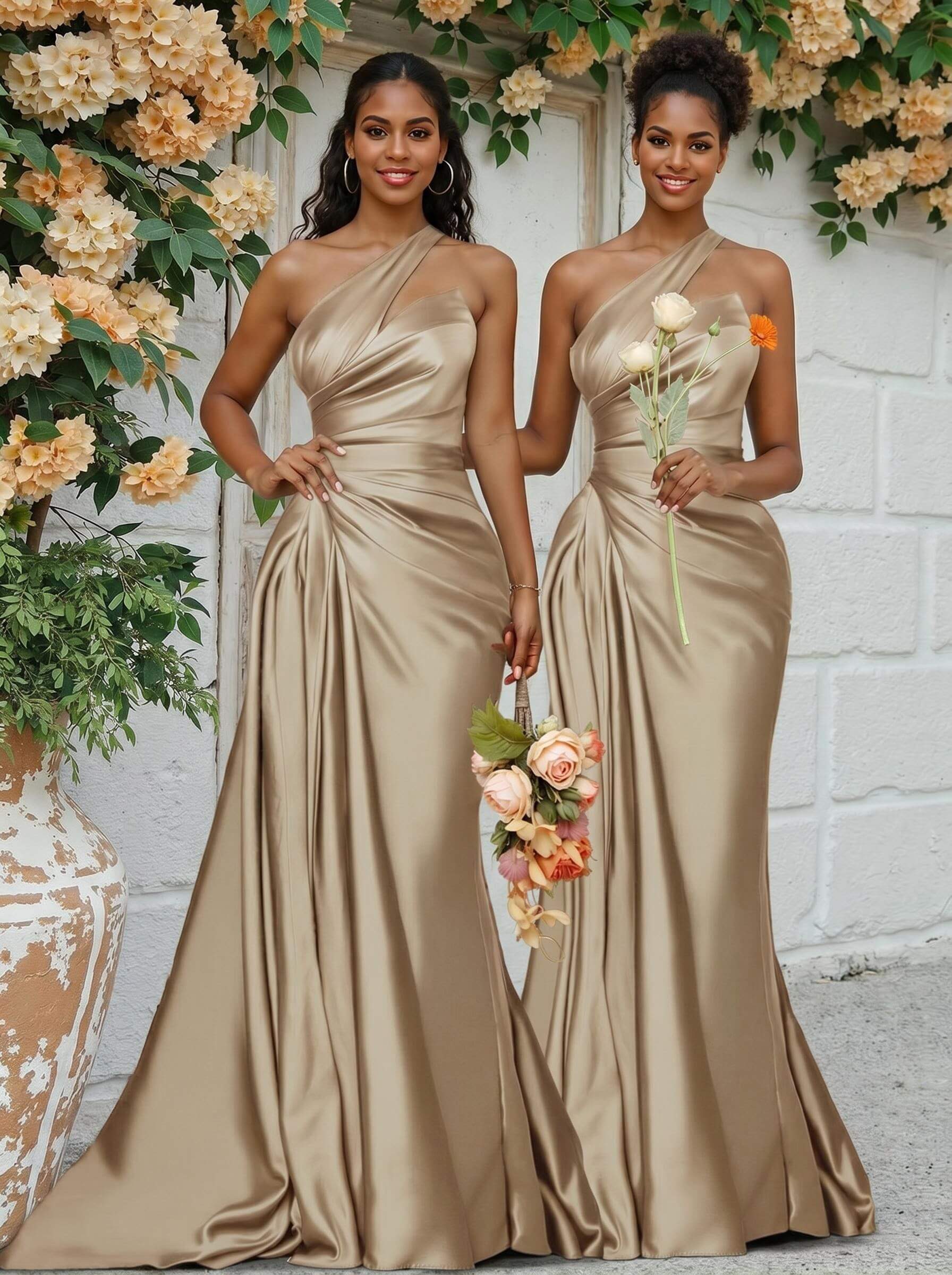 Sheath/Column One-Shoulder Silk Like Satin Bridesmaid Dresses With Ruffle, product image 142