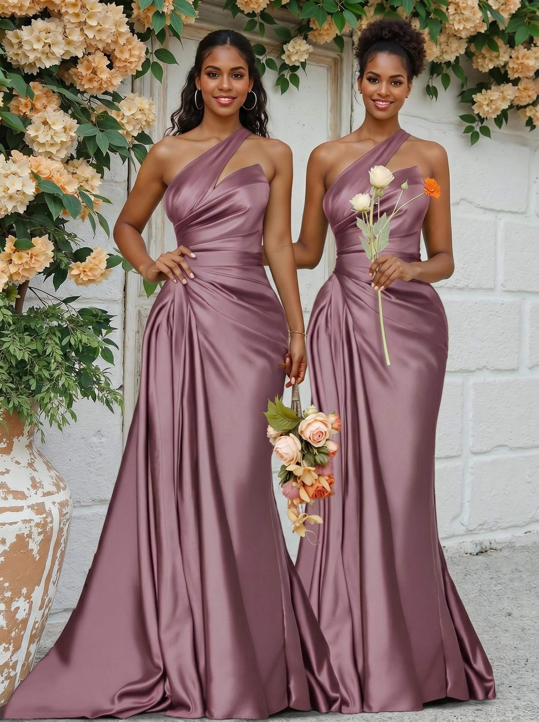 Sheath/Column One-Shoulder Silk Like Satin Bridesmaid Dresses With Ruffle, product image 92