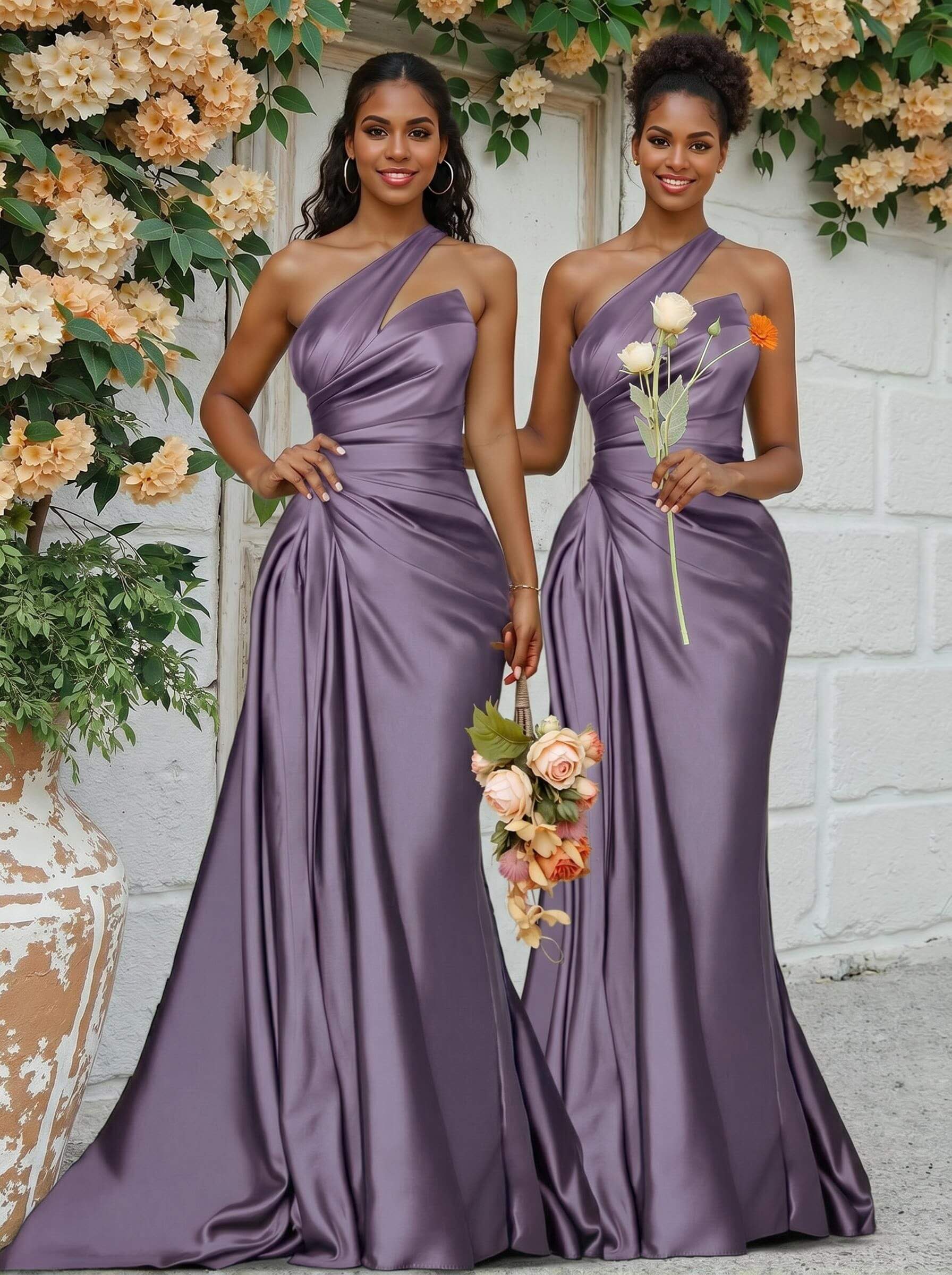 Sheath/Column One-Shoulder Silk Like Satin Bridesmaid Dresses With Ruffle, product image 52