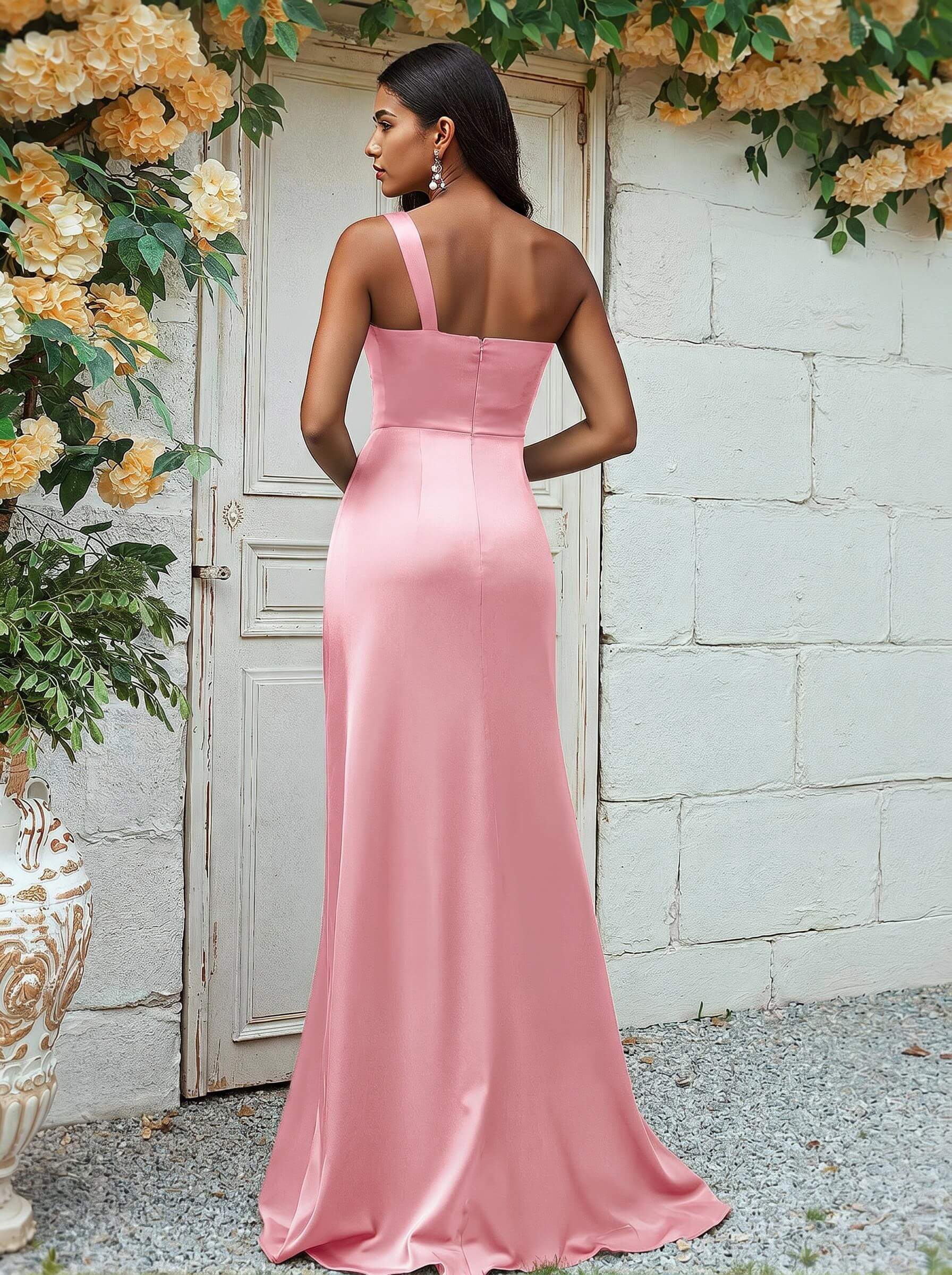 Sheath/Column One-Shoulder Silk Like Satin Bridesmaid Dresses With Ruffle, product image 23