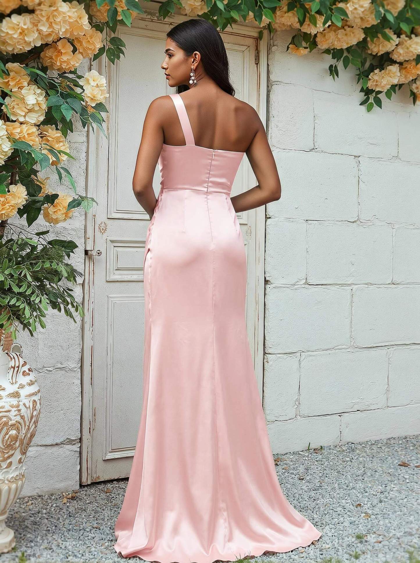 Sheath/Column One-Shoulder Silk Like Satin Bridesmaid Dresses With Ruffle, product image 43