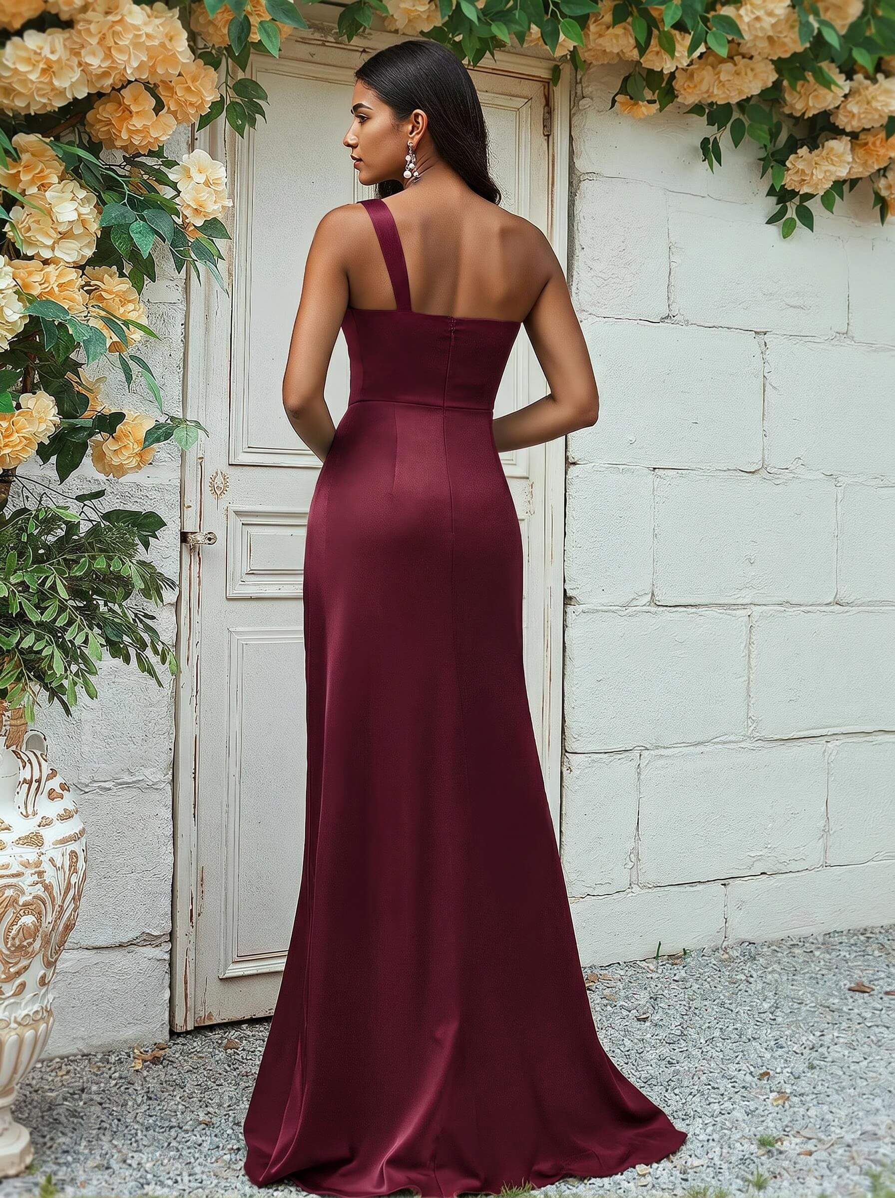 Sheath/Column One-Shoulder Silk Like Satin Bridesmaid Dresses With Ruffle, product image 18