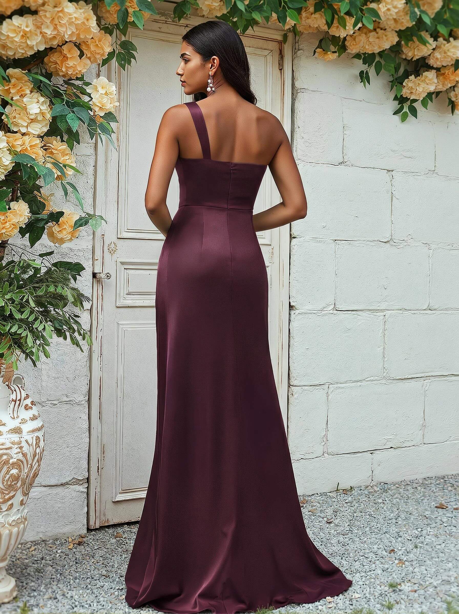 Sheath/Column One-Shoulder Silk Like Satin Bridesmaid Dresses With Ruffle, product image 28