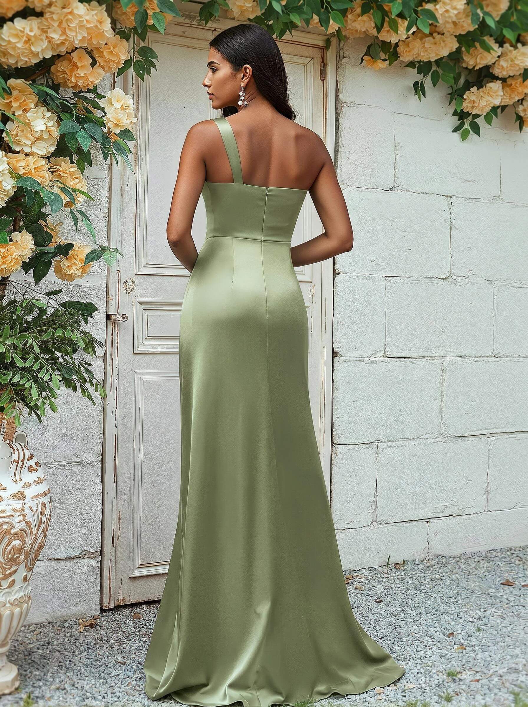 Sheath/Column One-Shoulder Silk Like Satin Bridesmaid Dresses With Ruffle, product image 33