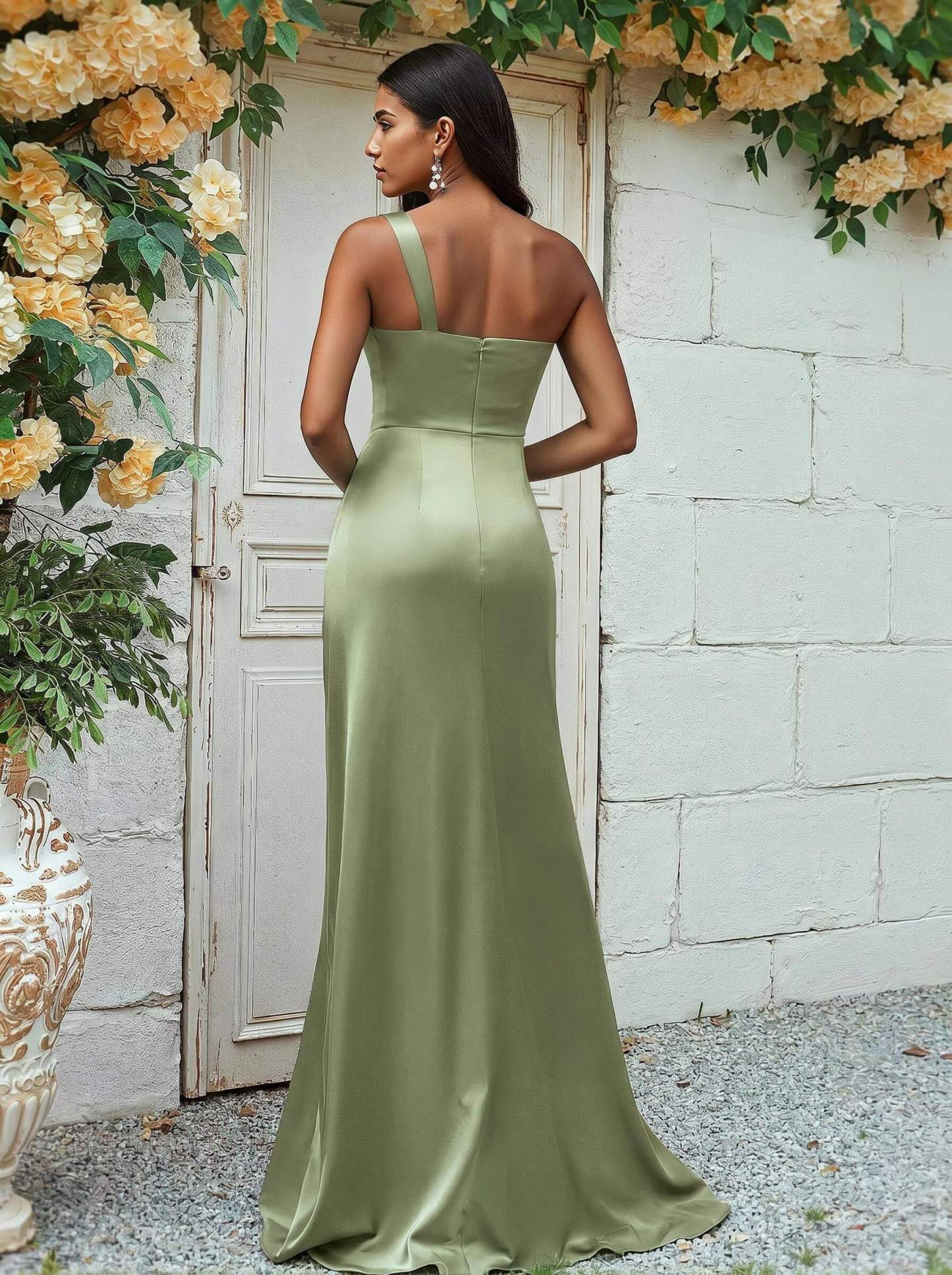 Sheath/Column One-Shoulder Silk Like Satin Bridesmaid Dresses With Ruffle, product image 33