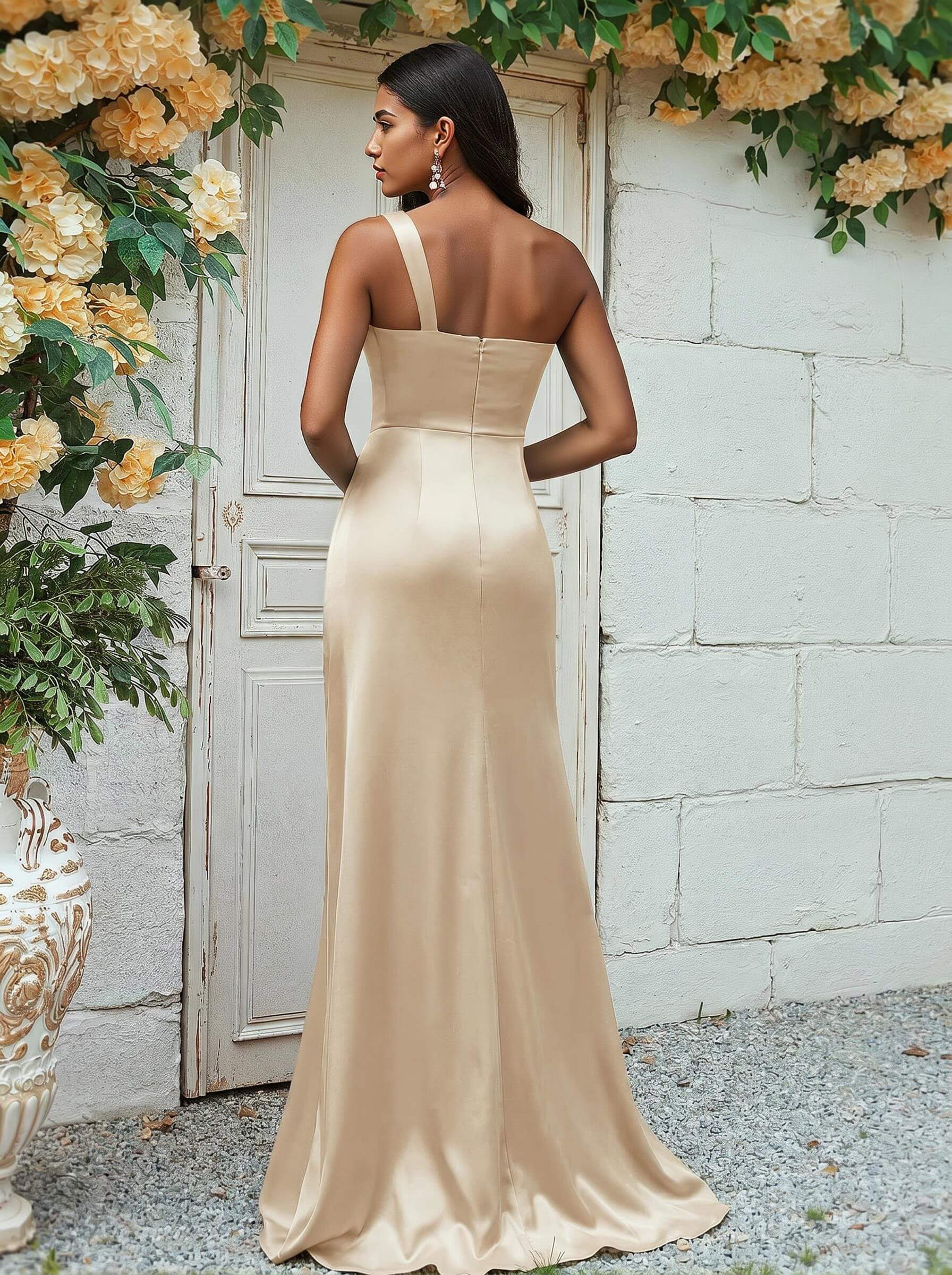 Sheath/Column One-Shoulder Silk Like Satin Bridesmaid Dresses With Ruffle, product image 58