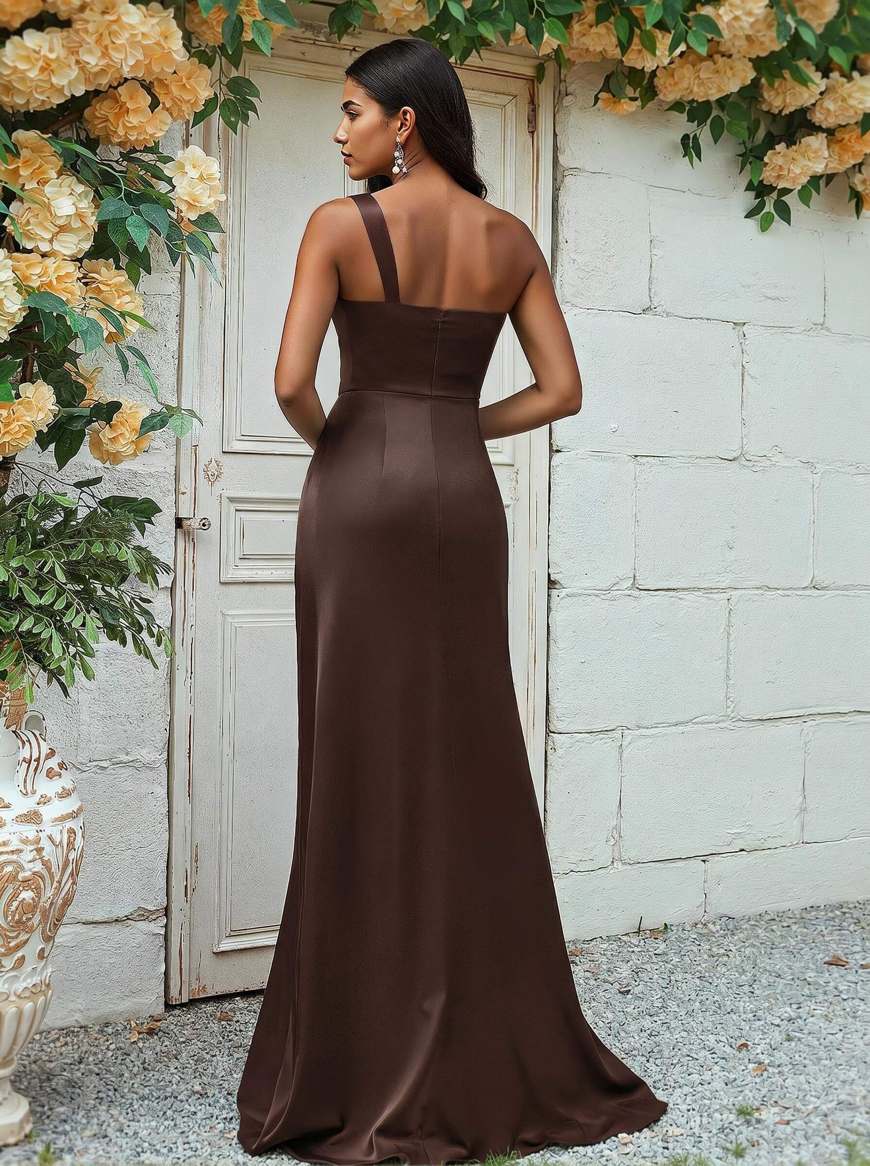 Sheath/Column One-Shoulder Silk Like Satin Bridesmaid Dresses With Ruffle, product image 208