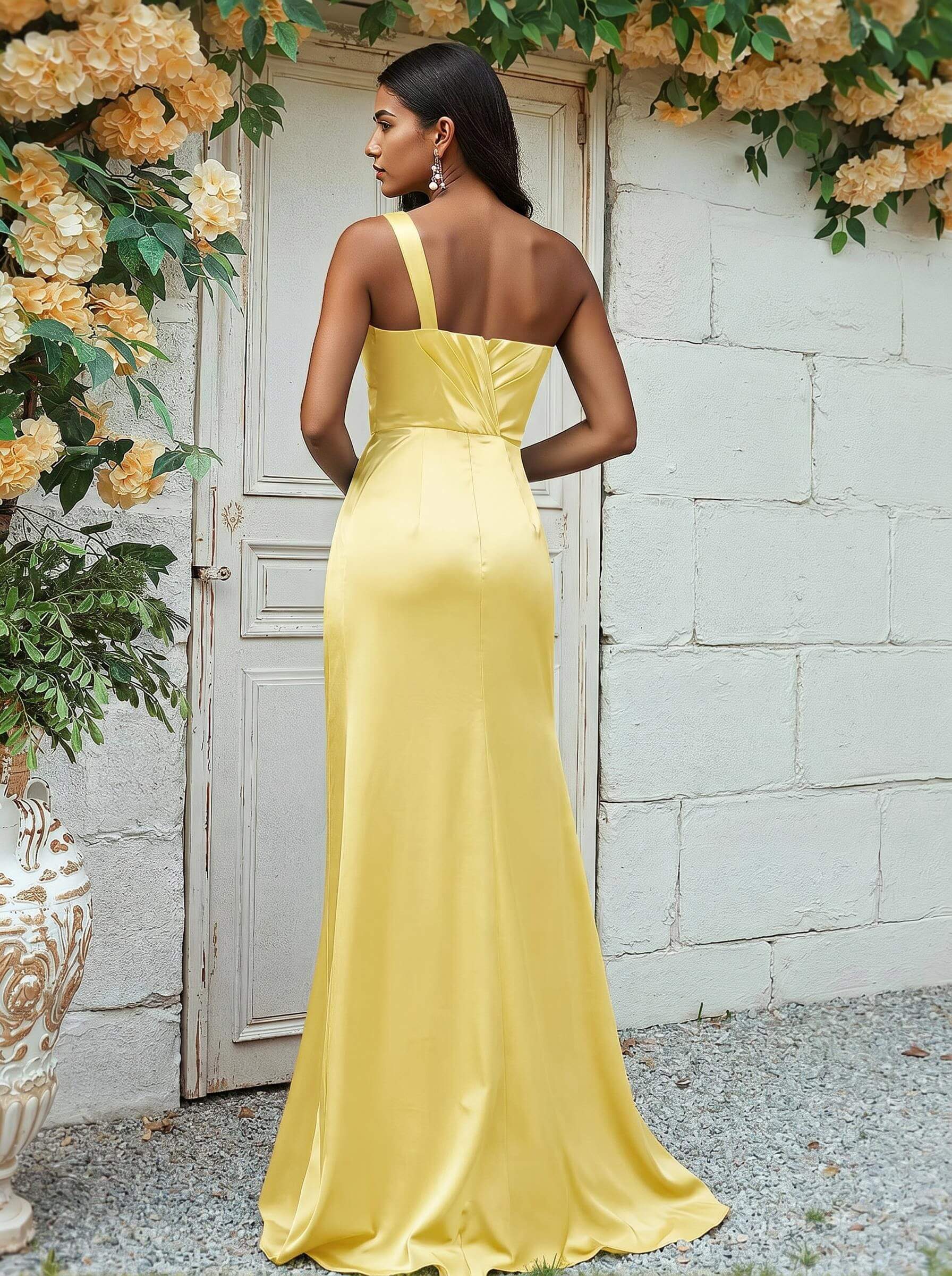 Sheath/Column One-Shoulder Silk Like Satin Bridesmaid Dresses With Ruffle, product image 128