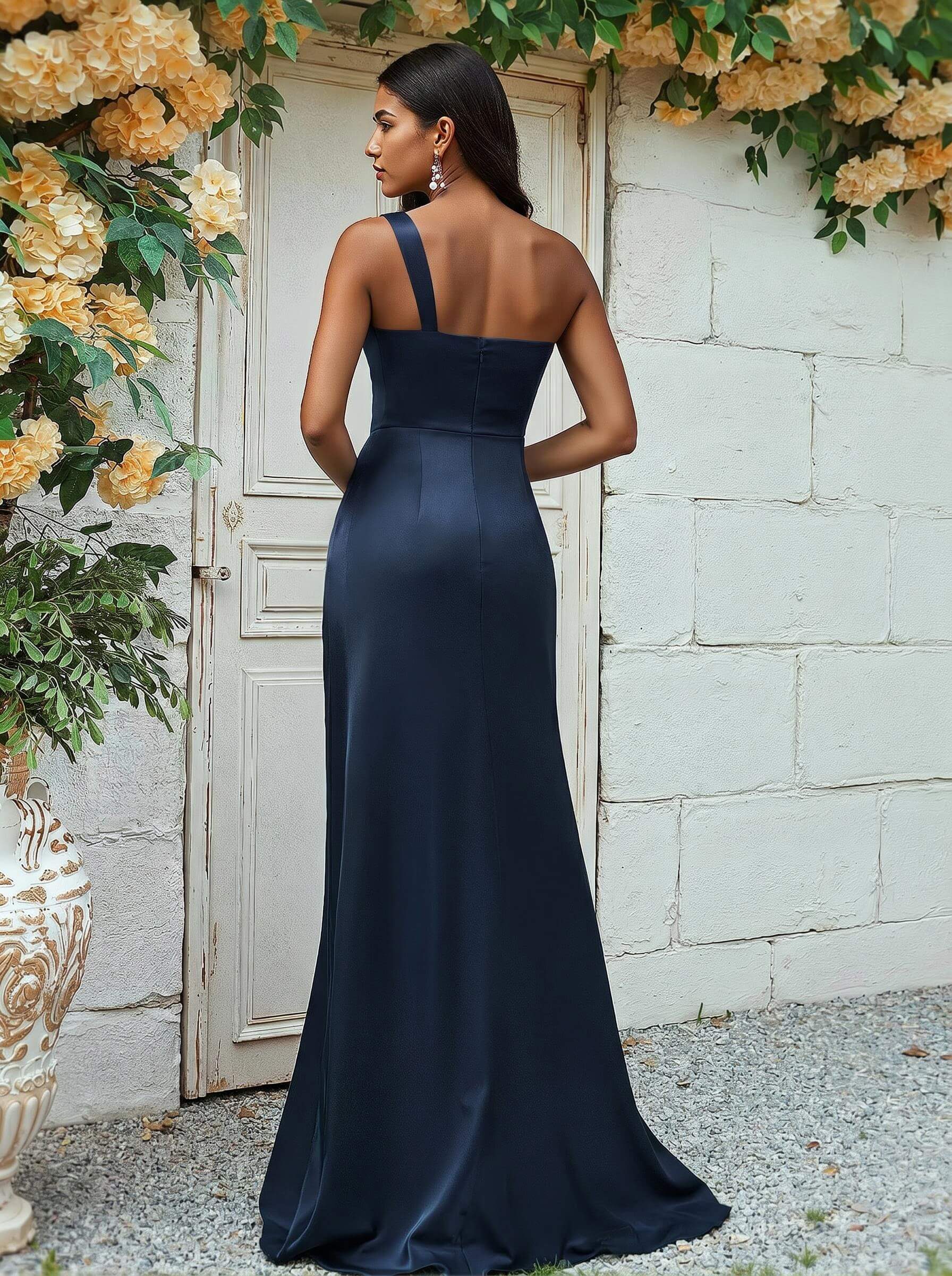 Sheath/Column One-Shoulder Silk Like Satin Bridesmaid Dresses With Ruffle, product image 13