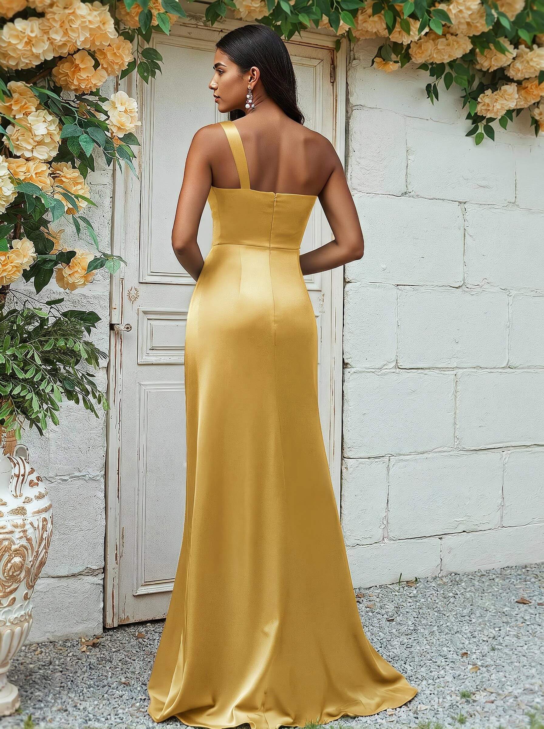 Sheath/Column One-Shoulder Silk Like Satin Bridesmaid Dresses With Ruffle, product image 173