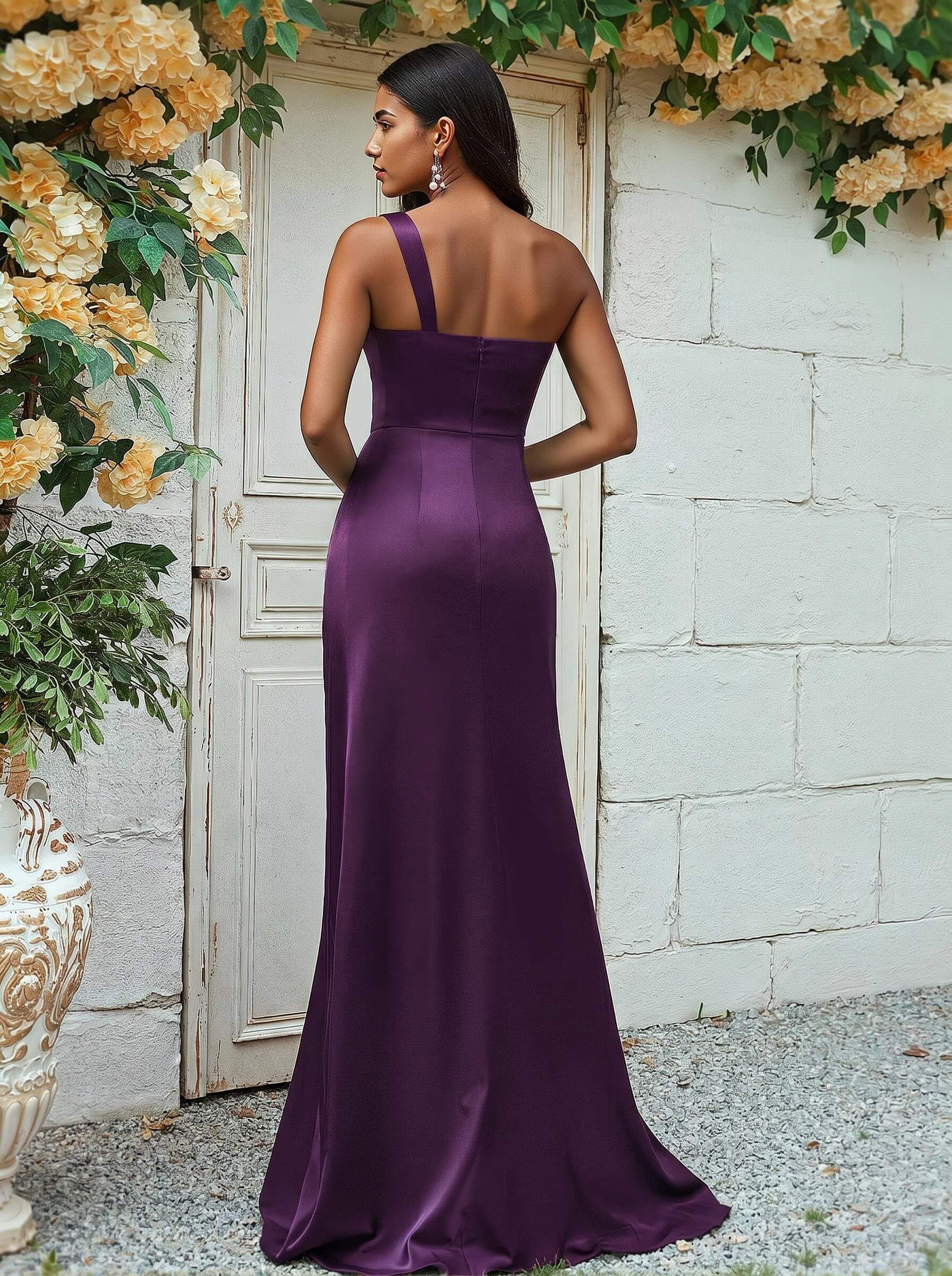 Sheath/Column One-Shoulder Silk Like Satin Bridesmaid Dresses With Ruffle, product image 83