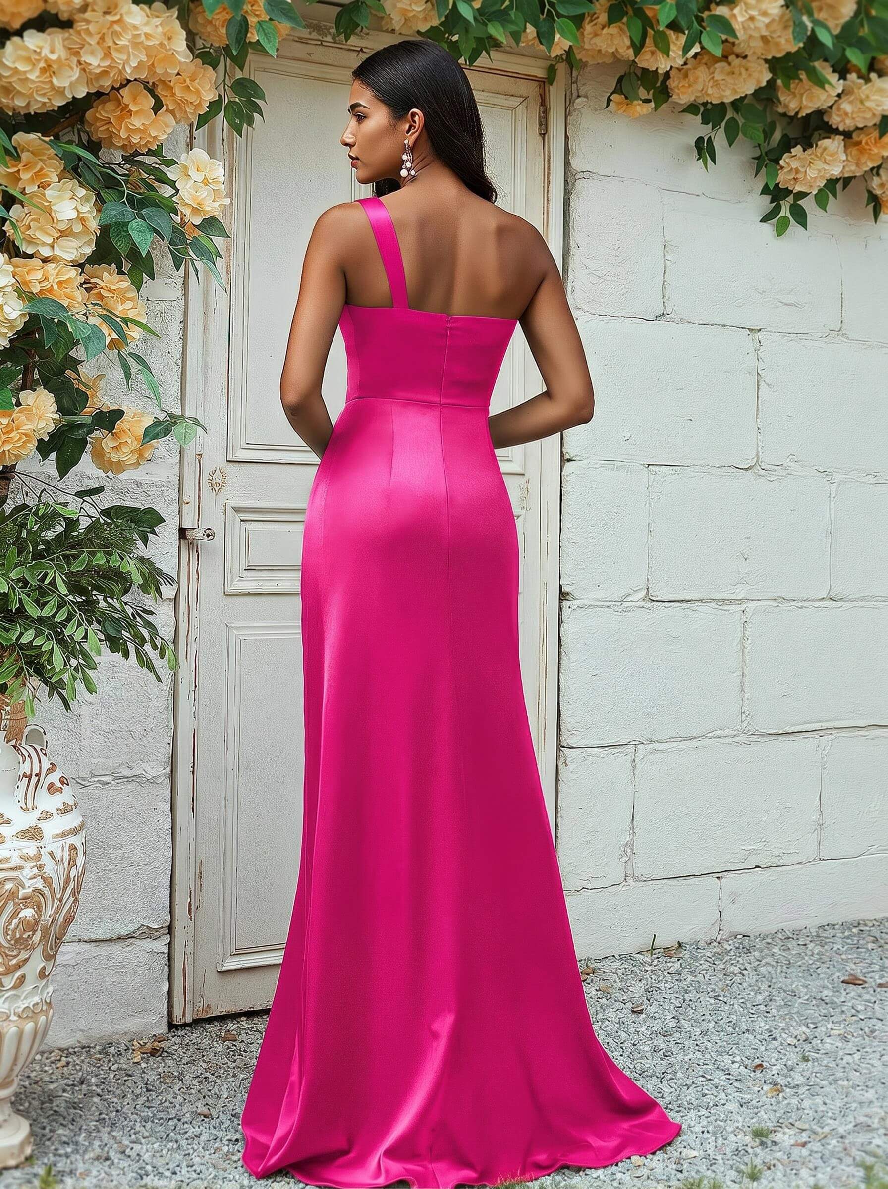 Sheath/Column One-Shoulder Silk Like Satin Bridesmaid Dresses With Ruffle, product image 223