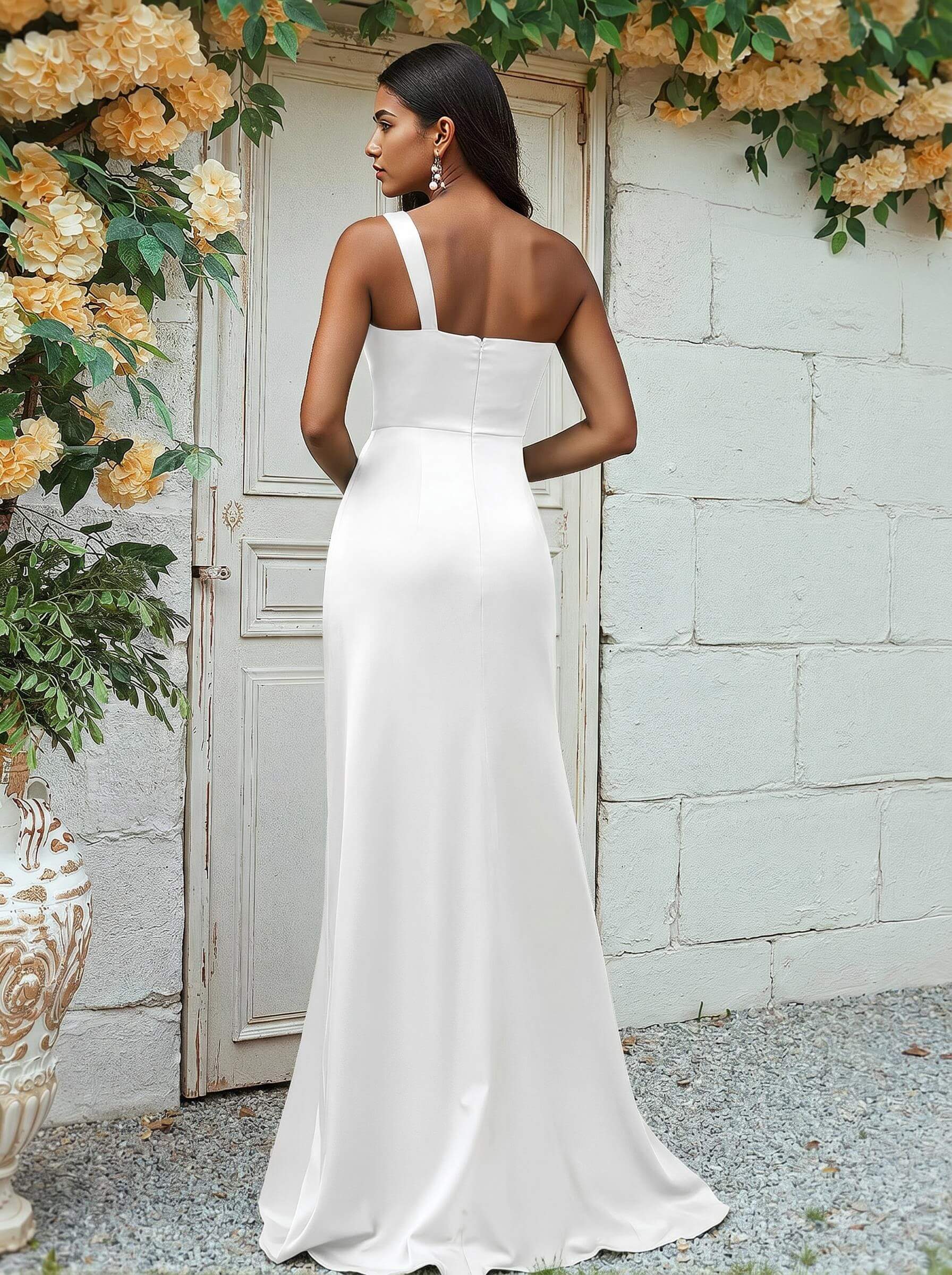 Sheath/Column One-Shoulder Silk Like Satin Bridesmaid Dresses With Ruffle, product image 98