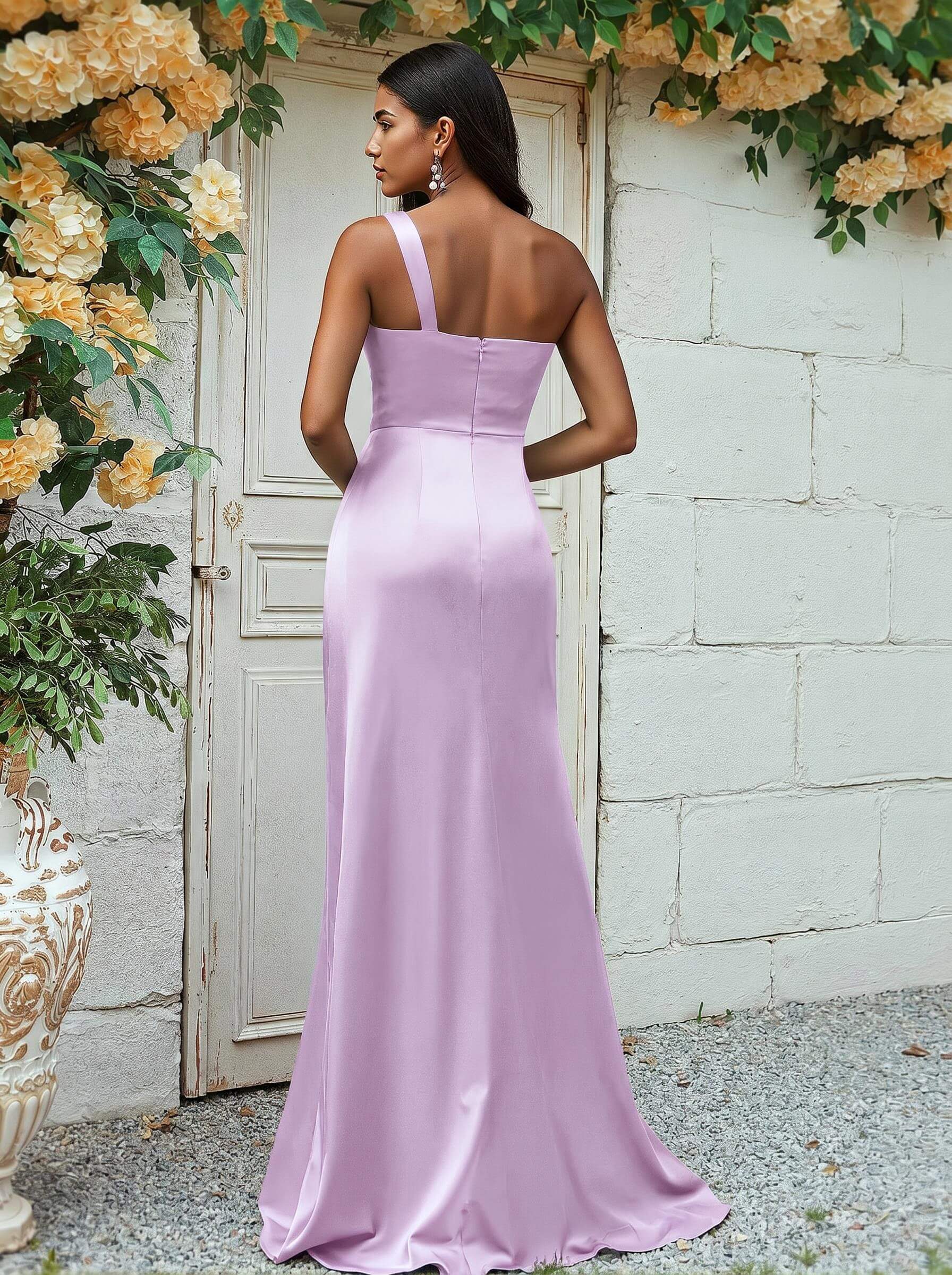 Sheath/Column One-Shoulder Silk Like Satin Bridesmaid Dresses With Ruffle, product image 73