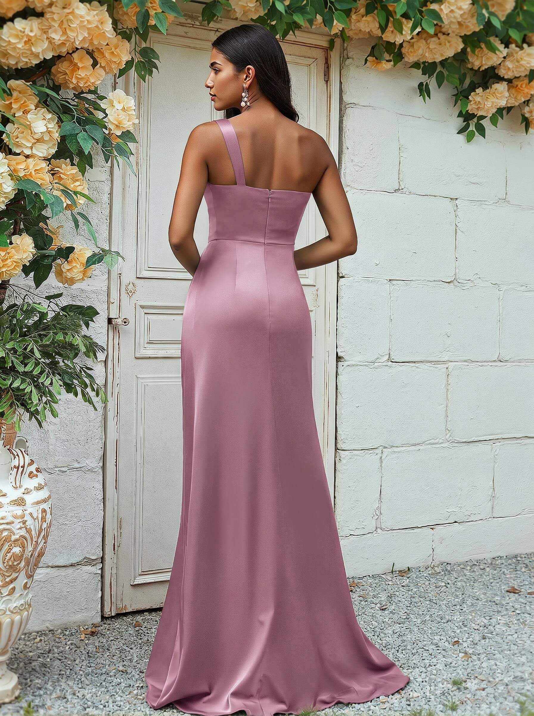 Sheath/Column One-Shoulder Silk Like Satin Bridesmaid Dresses With Ruffle, product image 153