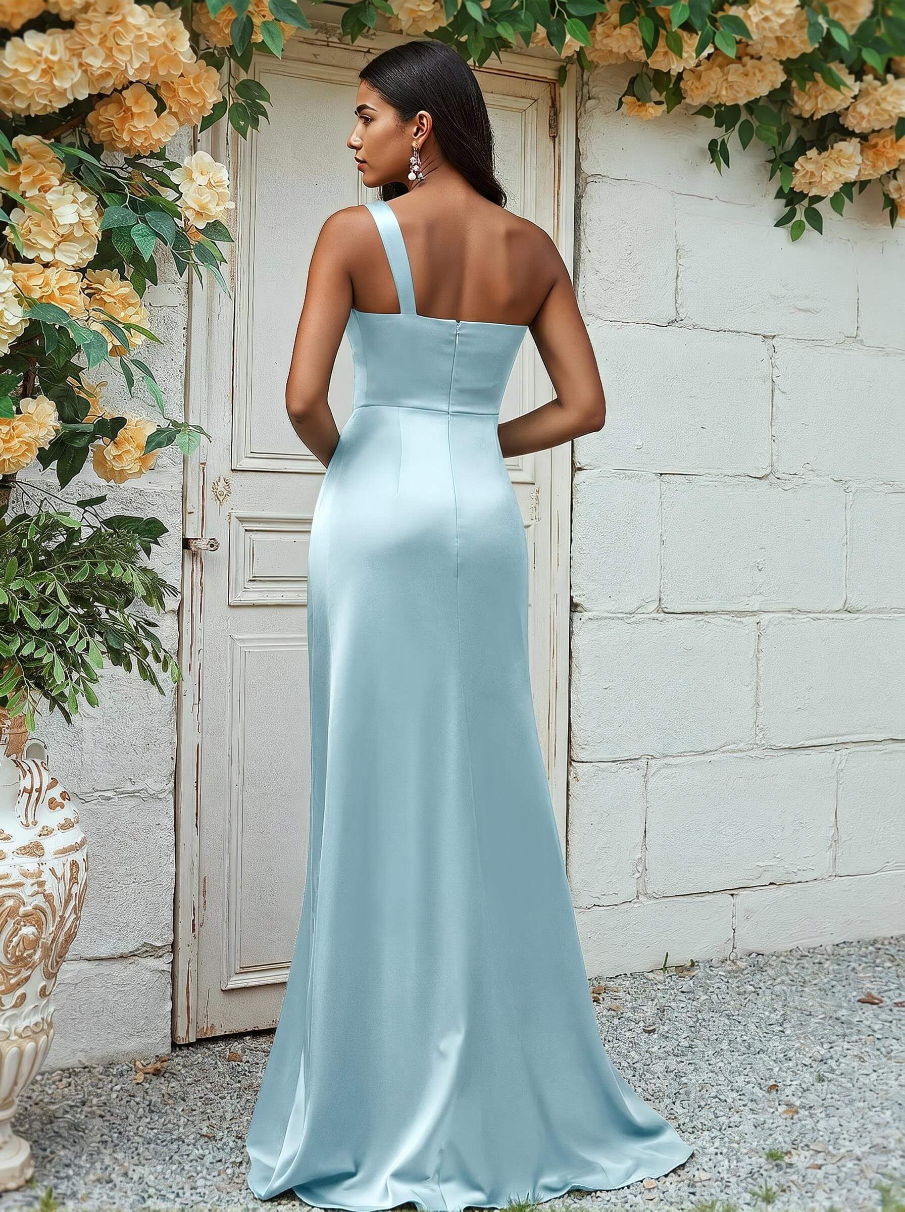 Sheath/Column One-Shoulder Silk Like Satin Bridesmaid Dresses With Ruffle, product image 183