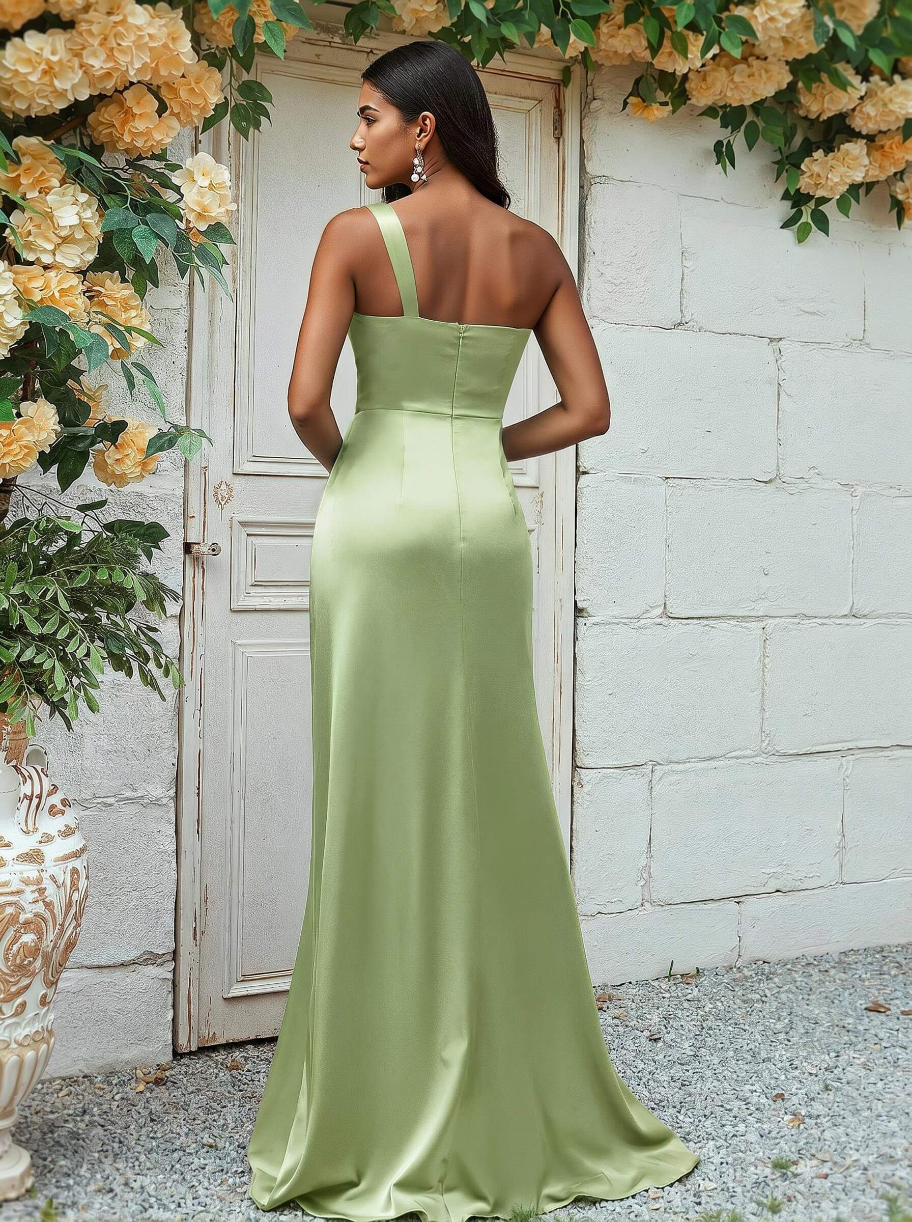 Sheath/Column One-Shoulder Silk Like Satin Bridesmaid Dresses With Ruffle, product image 248
