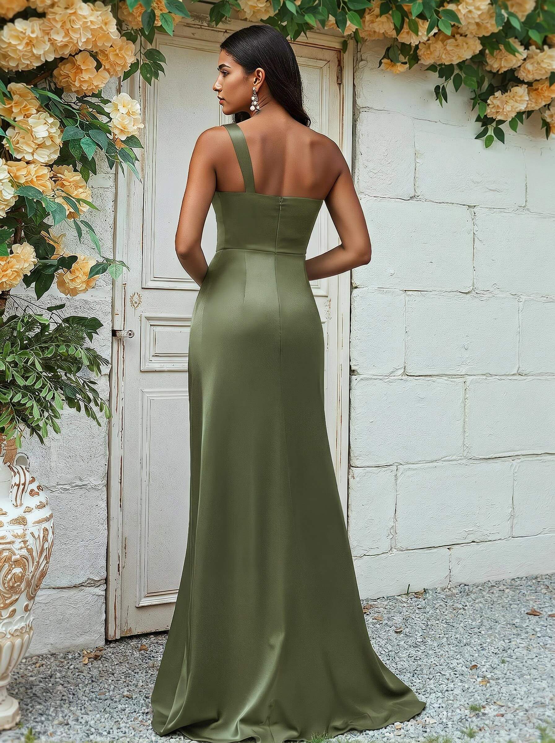 Sheath/Column One-Shoulder Silk Like Satin Bridesmaid Dresses With Ruffle, product image 228