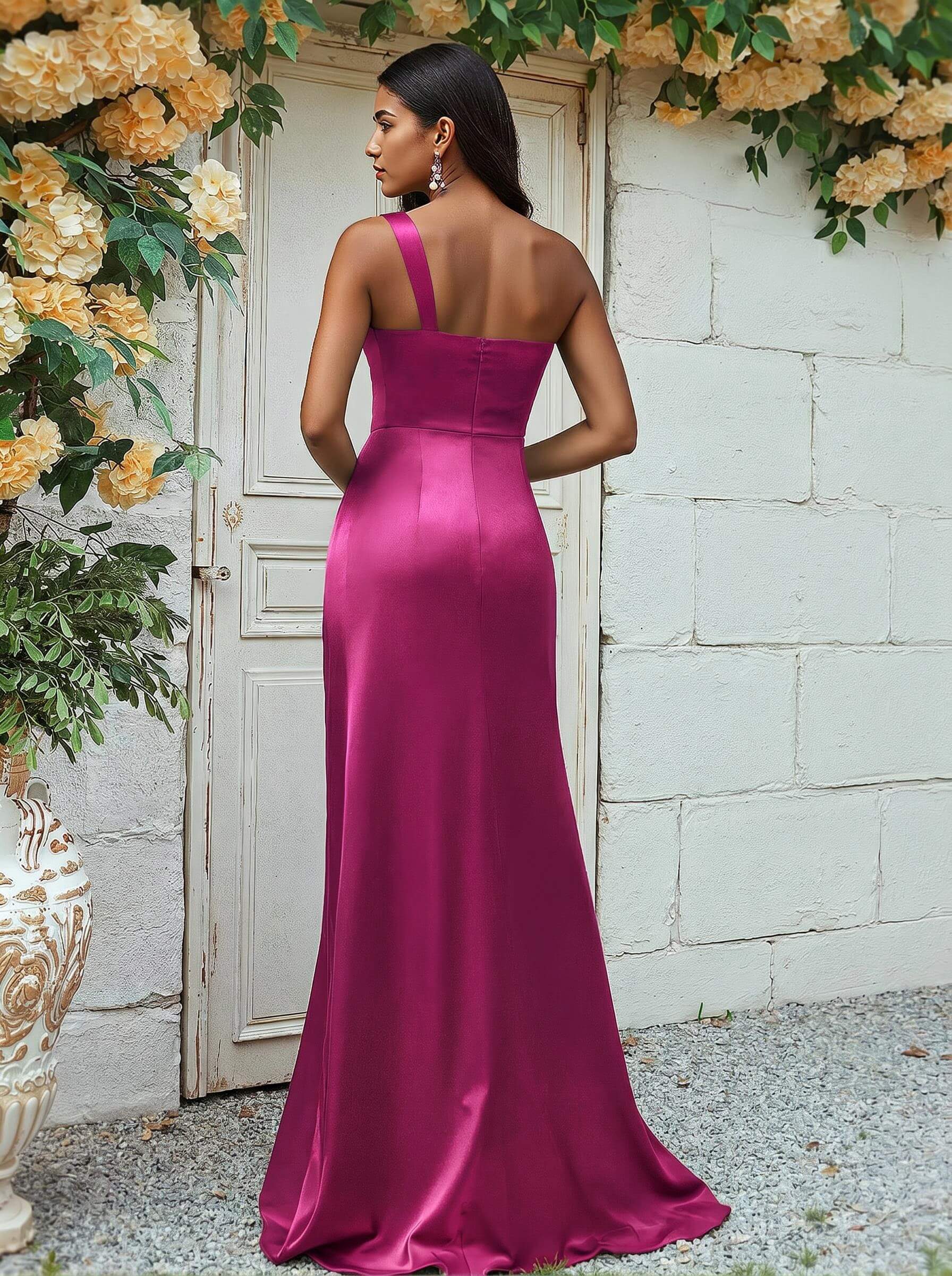 Sheath/Column One-Shoulder Silk Like Satin Bridesmaid Dresses With Ruffle, product image 168