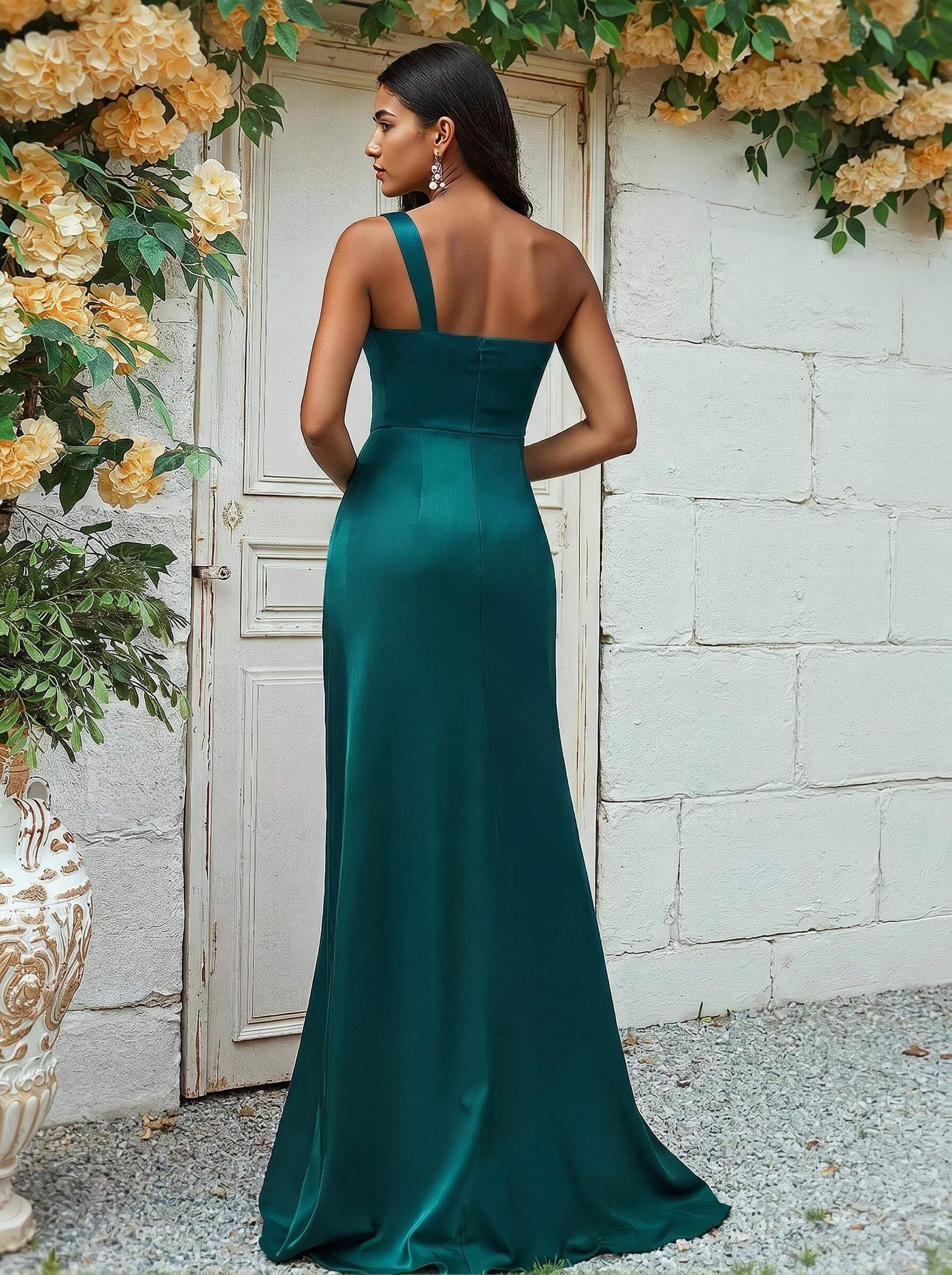 Sheath/Column One-Shoulder Silk Like Satin Bridesmaid Dresses With Ruffle, product image 108