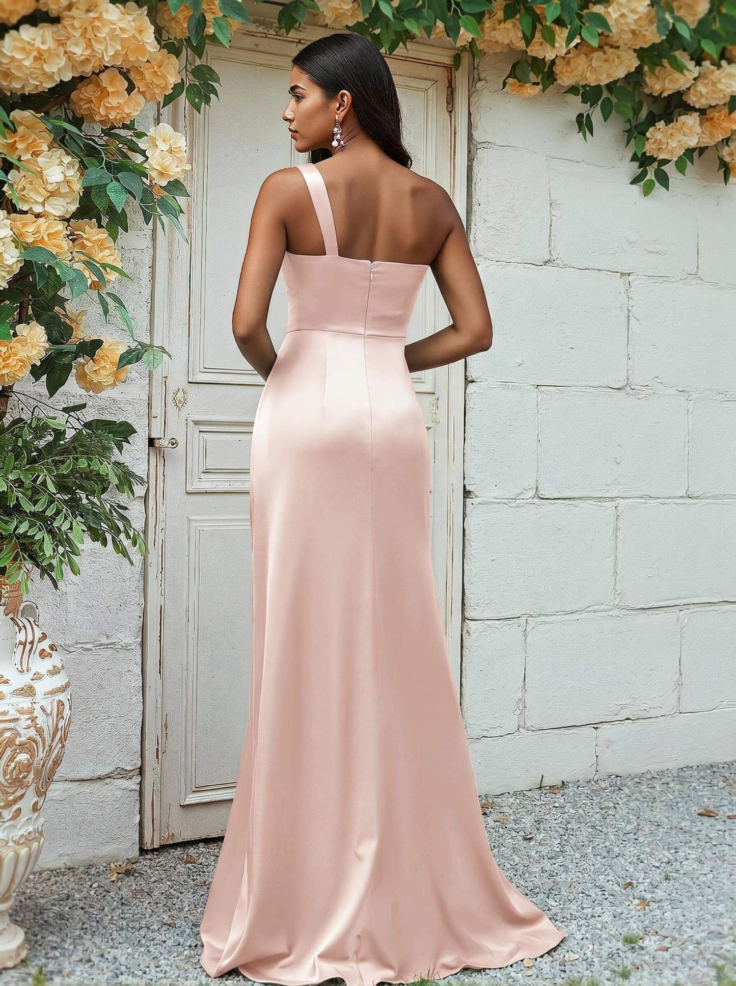 Sheath/Column One-Shoulder Silk Like Satin Bridesmaid Dresses With Ruffle, product image 88