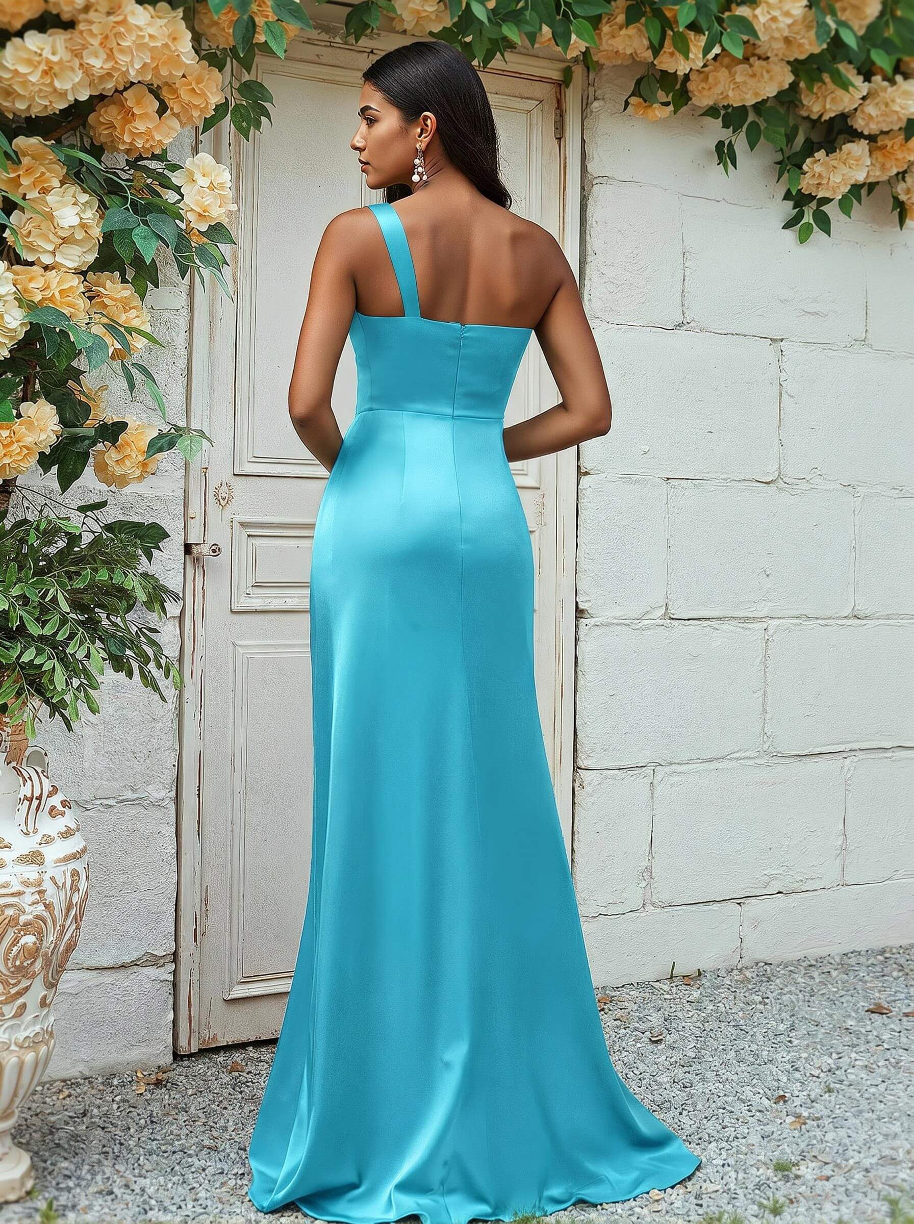 Sheath/Column One-Shoulder Silk Like Satin Bridesmaid Dresses With Ruffle, product image 193