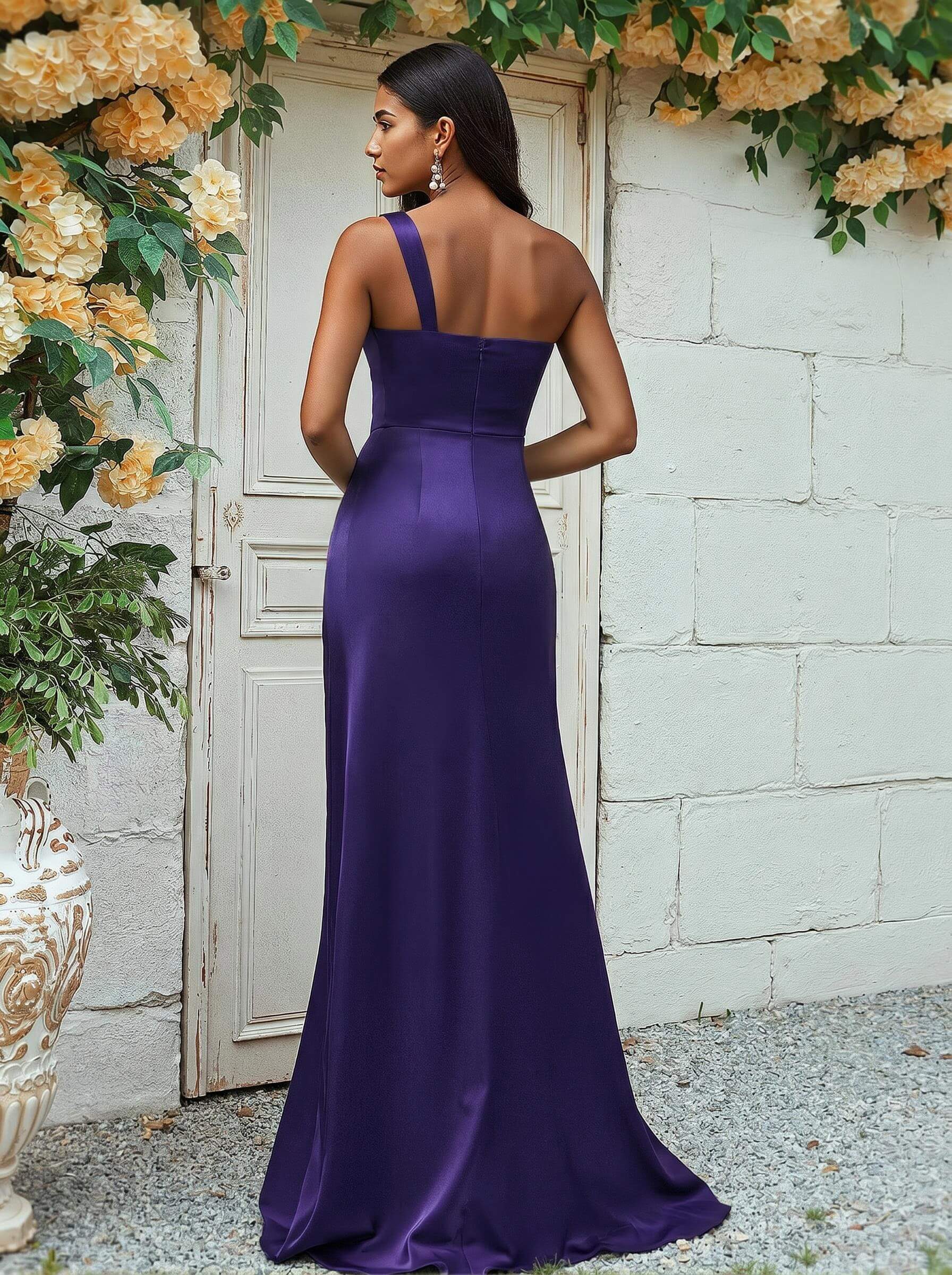 Sheath/Column One-Shoulder Silk Like Satin Bridesmaid Dresses With Ruffle, product image 148