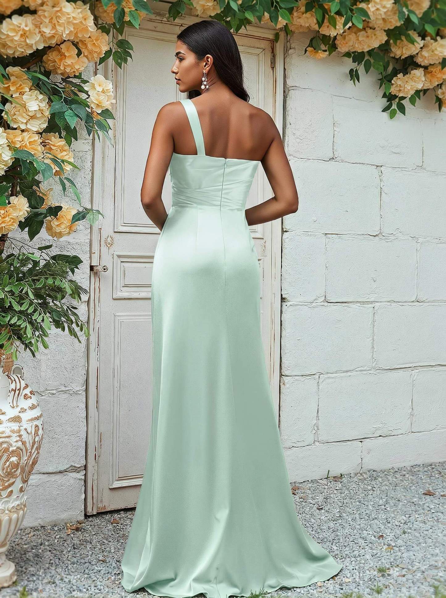 Sheath/Column One-Shoulder Silk Like Satin Bridesmaid Dresses With Ruffle, product image 203