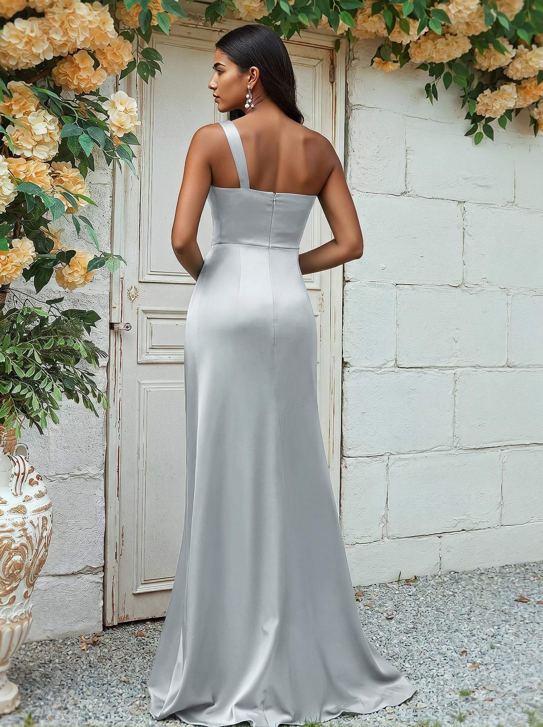 Sheath/Column One-Shoulder Silk Like Satin Bridesmaid Dresses With Ruffle, product image 63