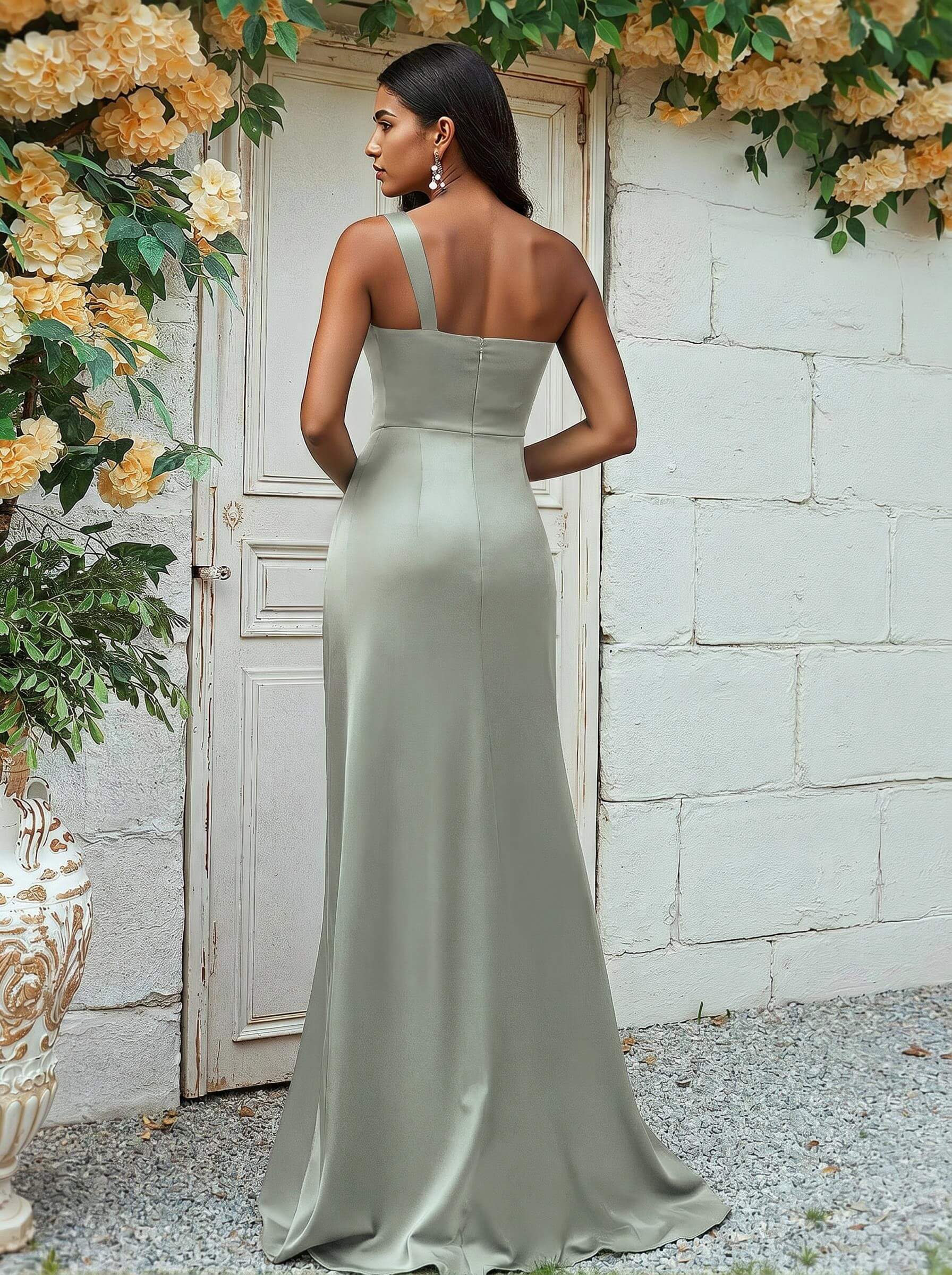 Sheath/Column One-Shoulder Silk Like Satin Bridesmaid Dresses With Ruffle, product image 103