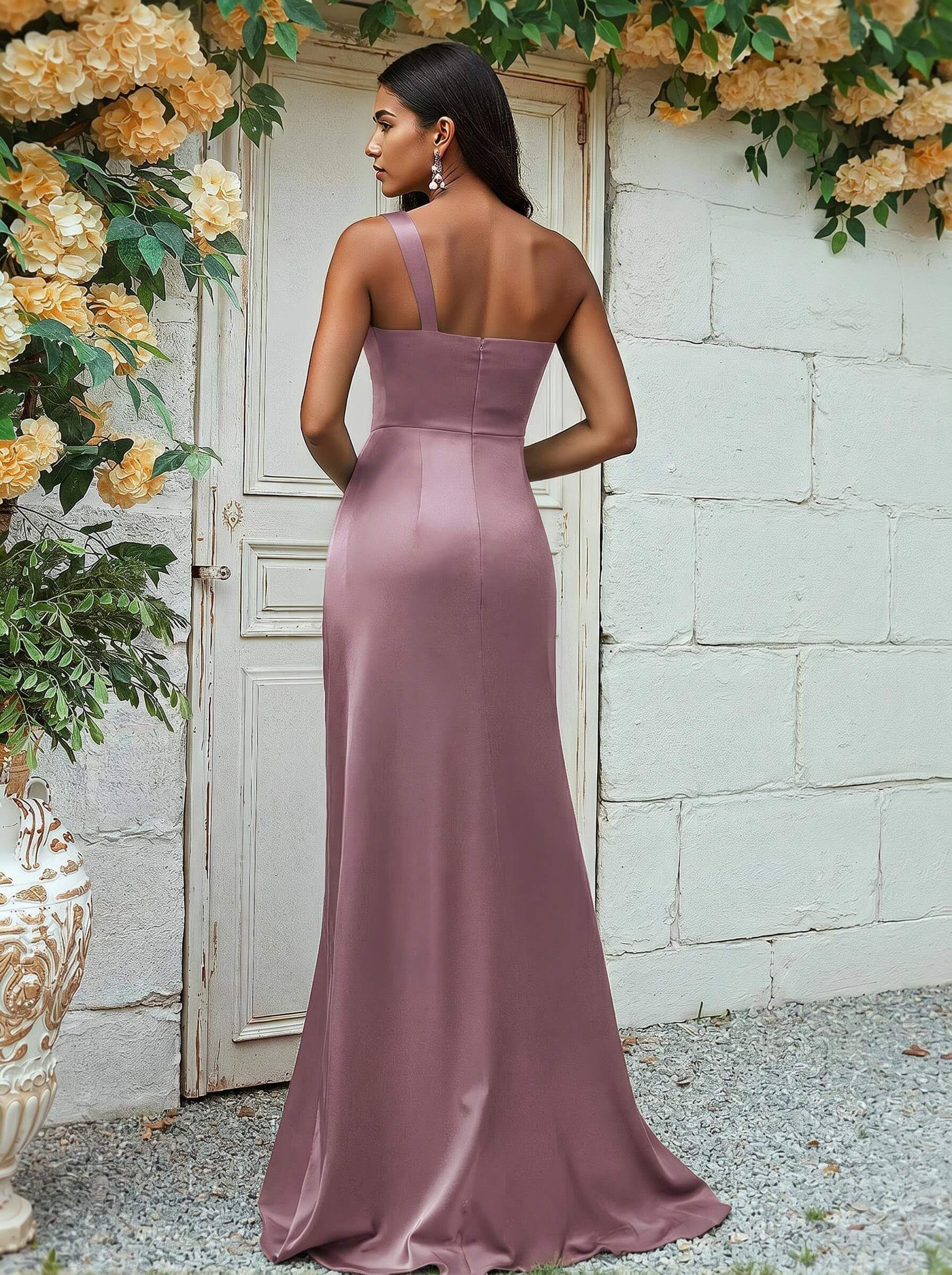 Sheath/Column One-Shoulder Silk Like Satin Bridesmaid Dresses With Ruffle, product image 93