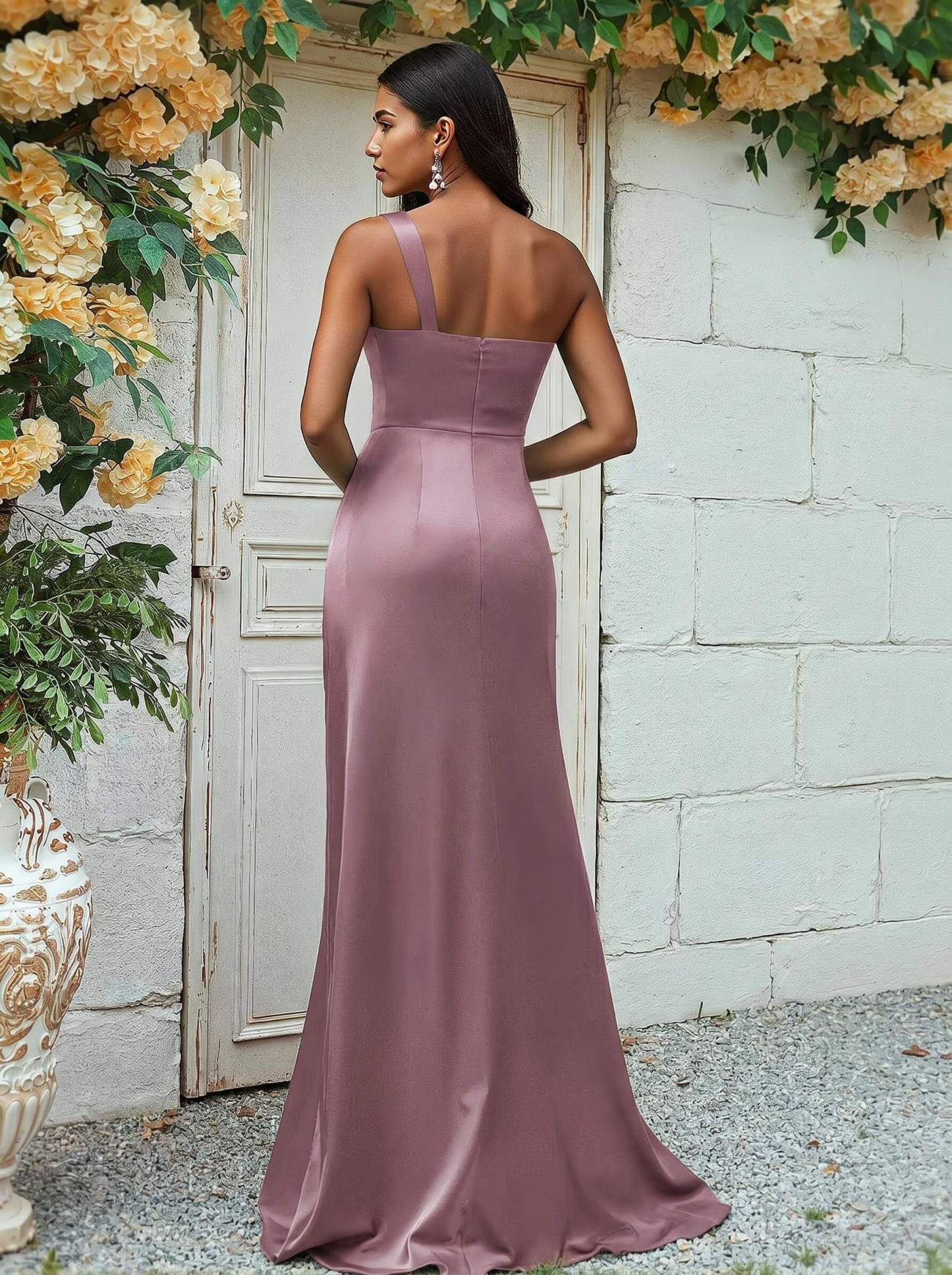 Sheath/Column One-Shoulder Silk Like Satin Bridesmaid Dresses With Ruffle, product image 93