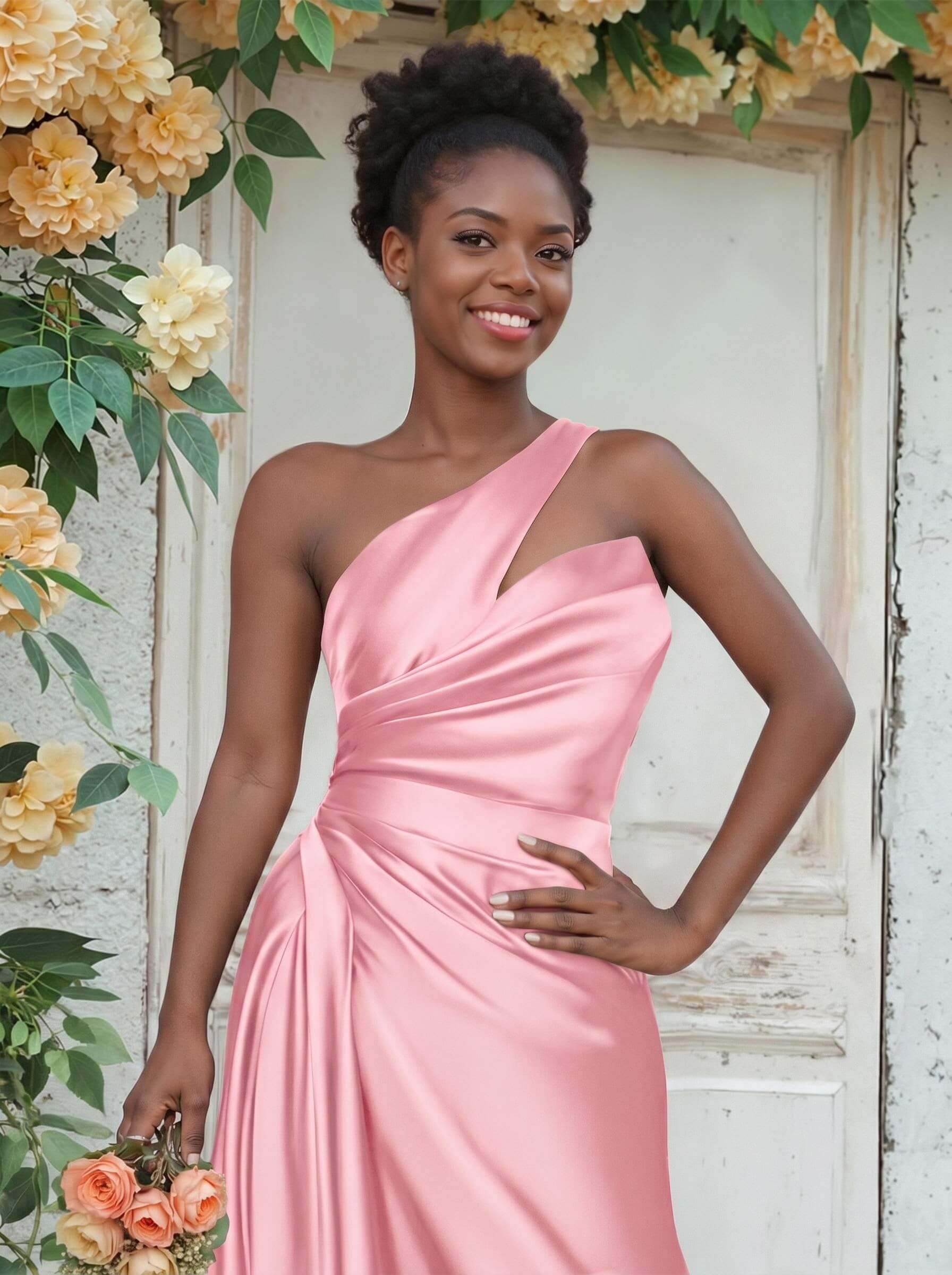 Sheath/Column One-Shoulder Silk Like Satin Bridesmaid Dresses With Ruffle, product image 24