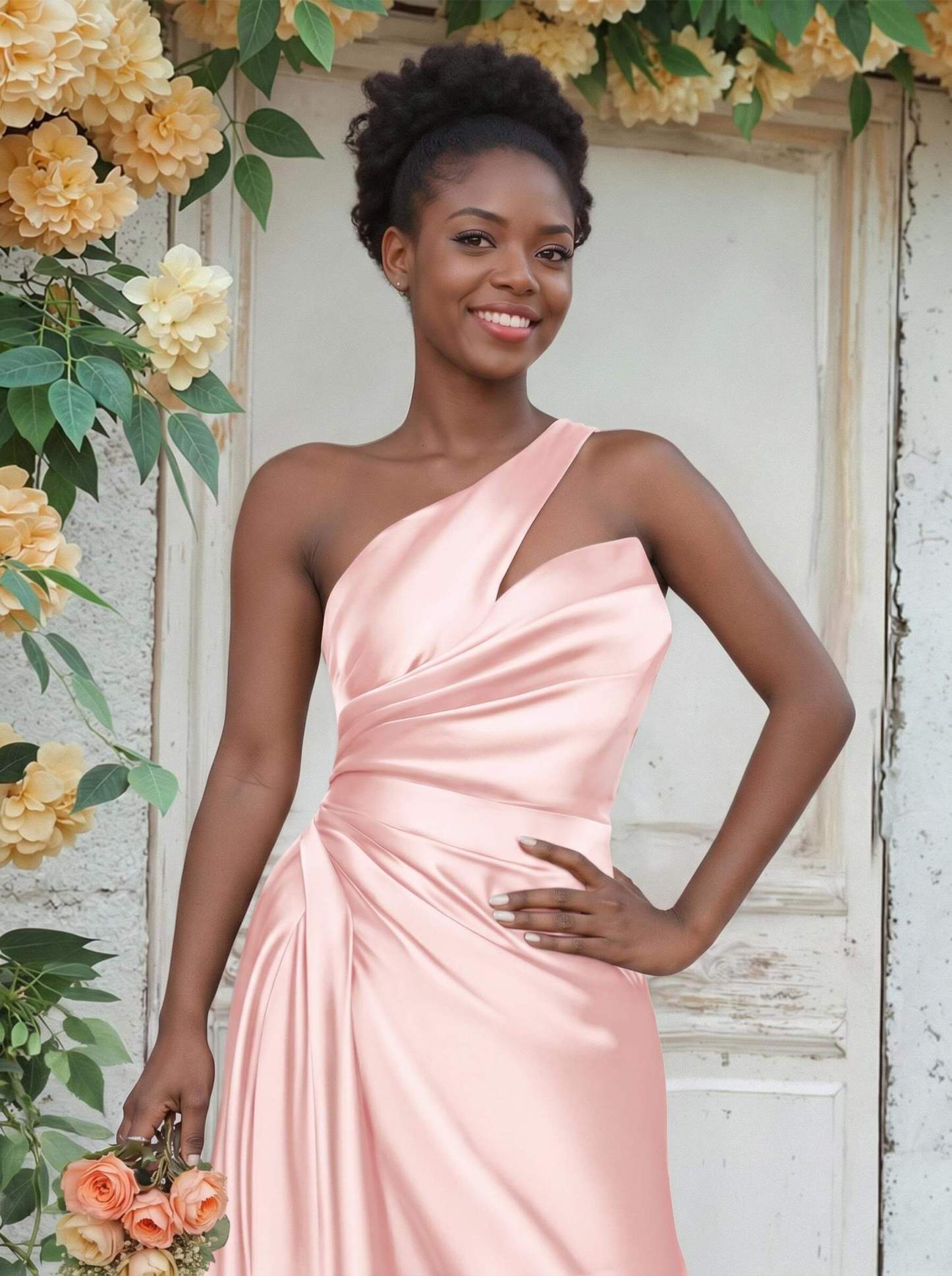Sheath/Column One-Shoulder Silk Like Satin Bridesmaid Dresses With Ruffle, product image 44